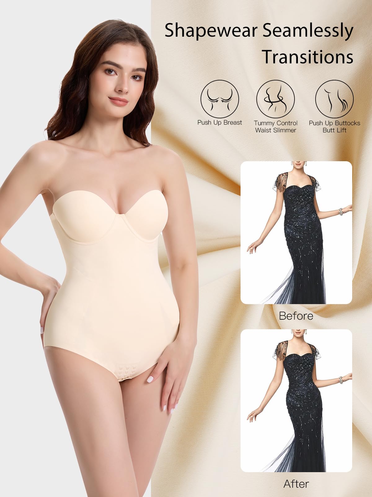 Decorus Body gainant sans bretelles sans couture - Contrôle du ventre sculpté : avec bonnets et bretelles amovibles