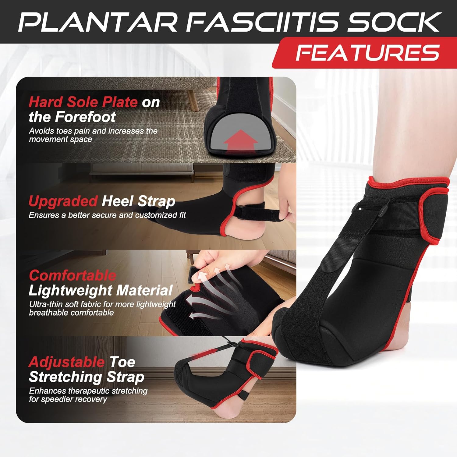 Plantar Fasciitis Night Splint Sock Soft Plantar Fasciitis Brace for Sleeping Achilles Tendonitis Foot Drop Heel Pain - Plantar Fasciitis Relief Night Splint for Women Men Black-Red Medium - Image 3