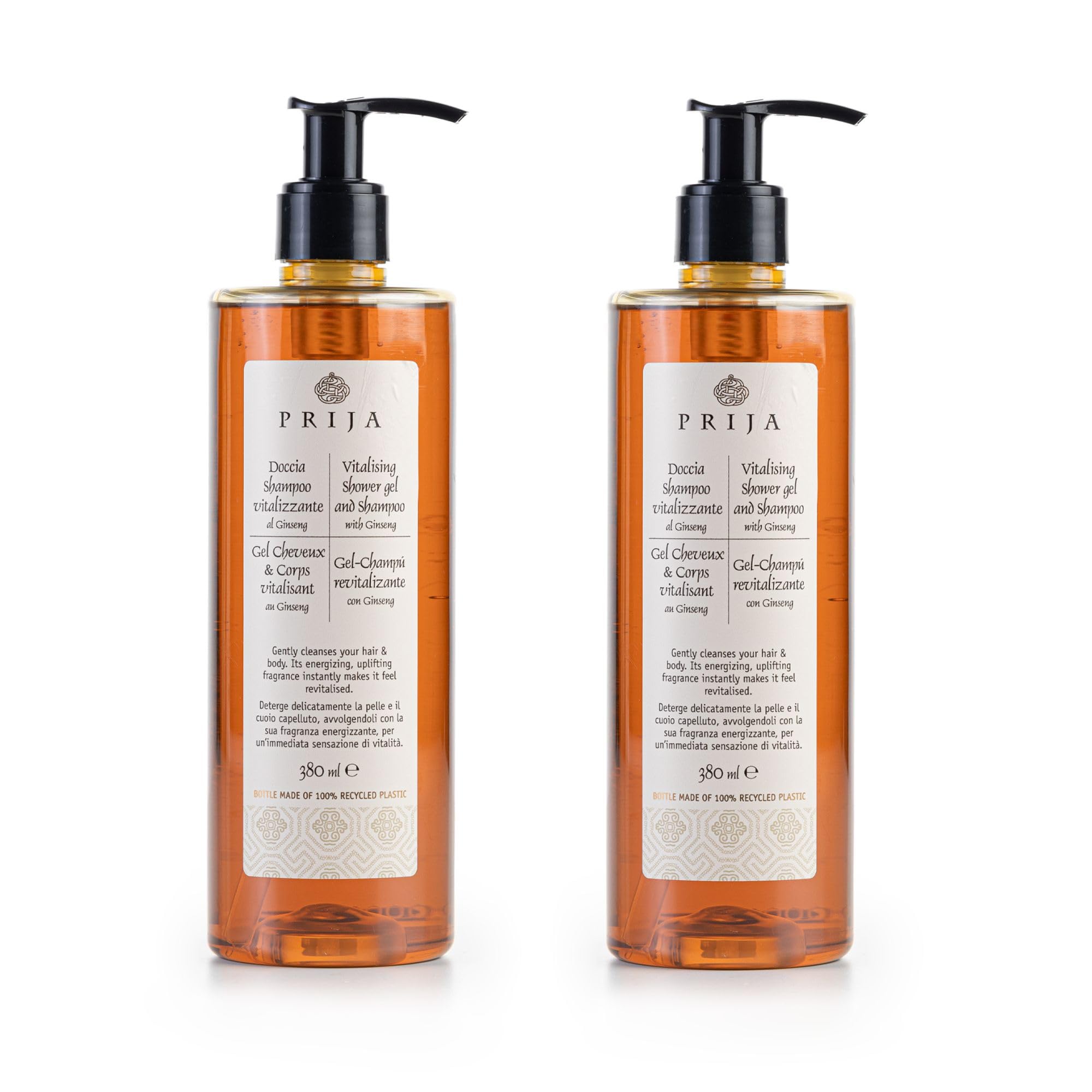 Prija Vitalising 2 in 1 Gel doccia e shampoo all'estratto di ginseng, gel detergente idratante ed energizzante per capelli e corpo con erogatore a pompa, gel doccia lussuoso 380 ml x 2