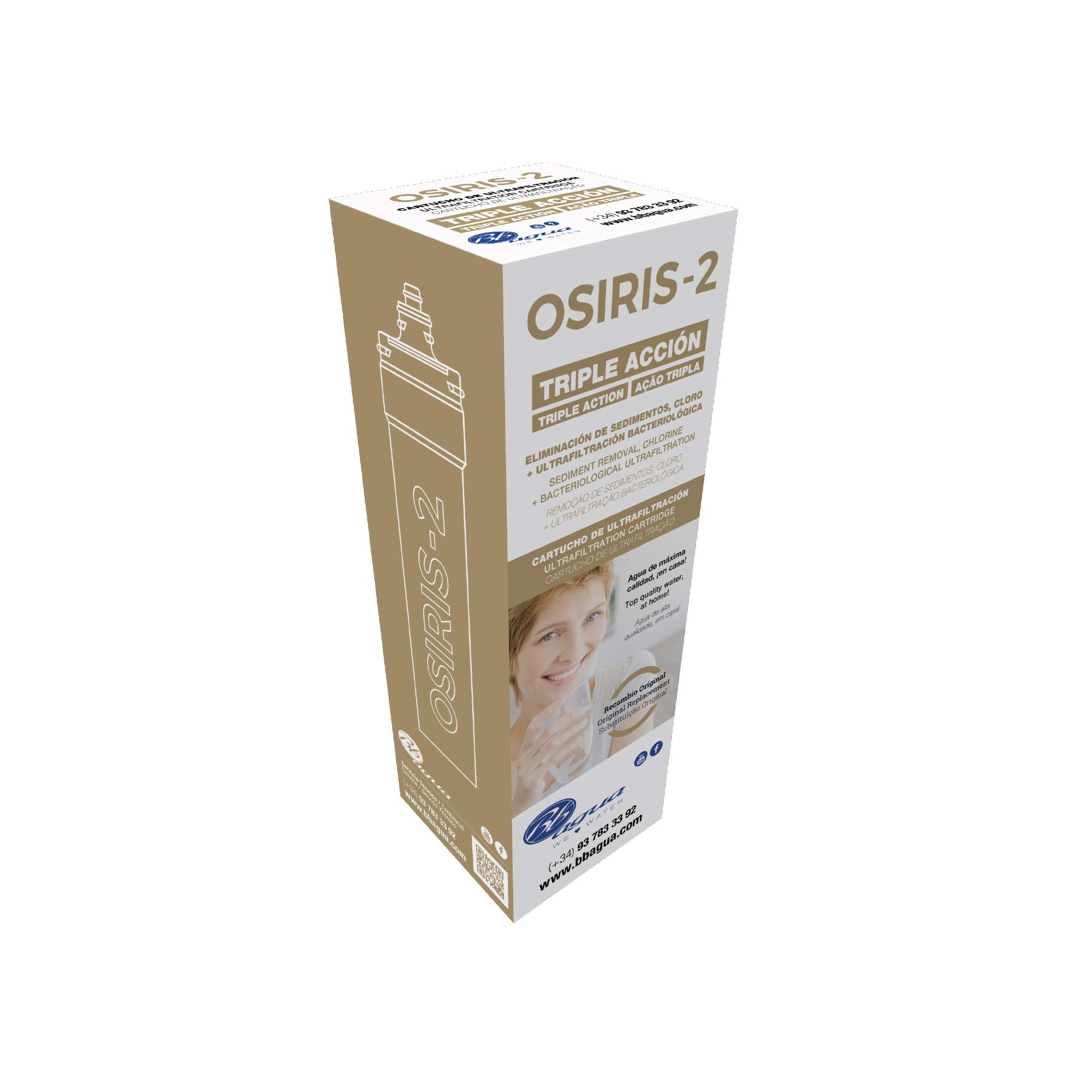 Cartucho recambio filtro de agua Osiris-2. Elimina la sedimentación, reduce el cloro, los sabores y olores. Fácil sustitución. Fácil mantenimiento. Bbagua.