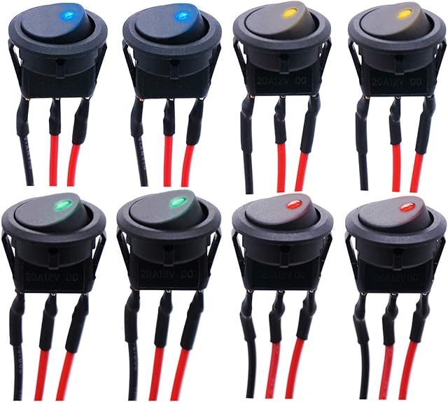 8PCS Rocker Switch,Car Switch 12V with LED Light, Mini Toggle Switch On/Off DC 12V 20A Press Button Round Rocker Switch for Car, Boat, Homehold Application,with Pre-soldered Wires