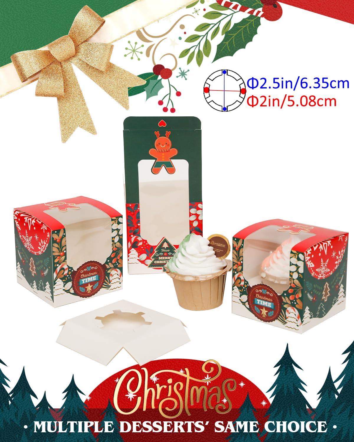 qiqee Christmas Cupcake Boxes 60pcs 3.5x 3.5x3.5 inch Auto-Popup Single Cupcake Container for Christmas(60 Boxes+60 Inserts)