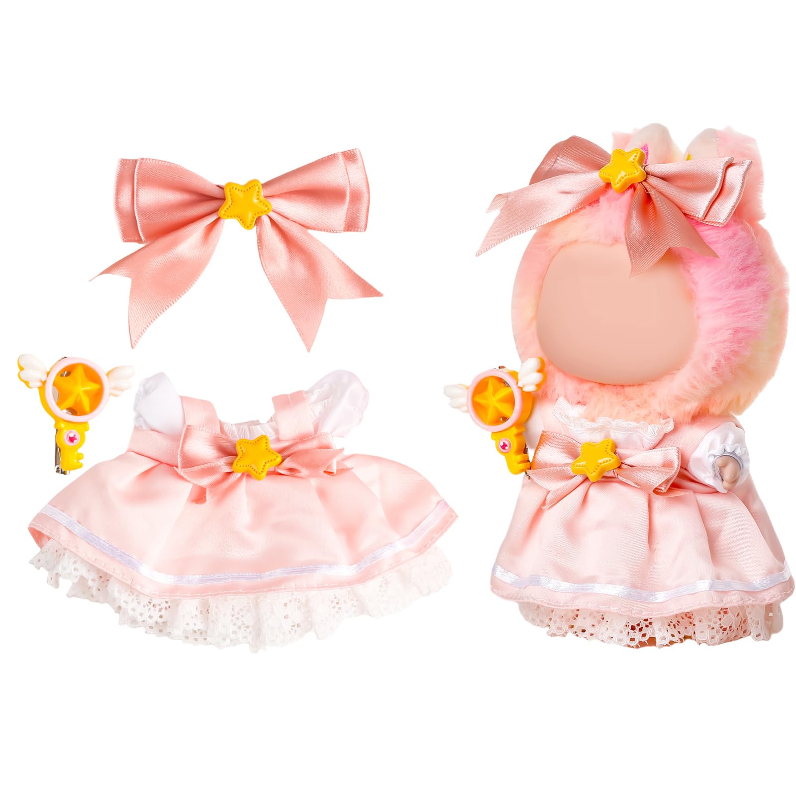 Chritice 4PCS Doll Clothes for Doll,Compatible with Labubu,Vinyl Plush Toy Outfit Set Accessories for 17CM Dolls,1 Tiara,Halter Dress,White Lined Dress & Magic Wand Clip,No Dolls