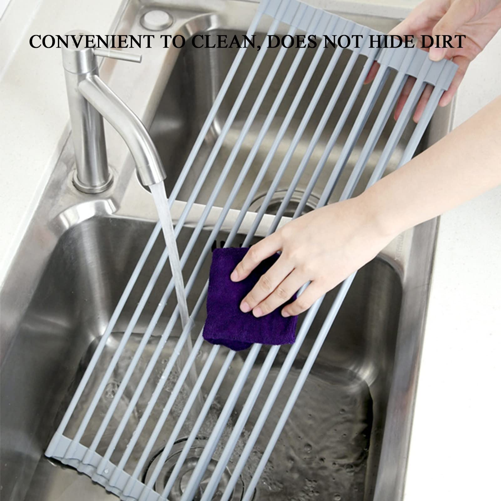 Rejilla Enrollable for secar Platos, escurridor de Fregadero de Silicona y Acero Inoxidable for Cocina, Frutas y Verduras(43 * 33cm)
