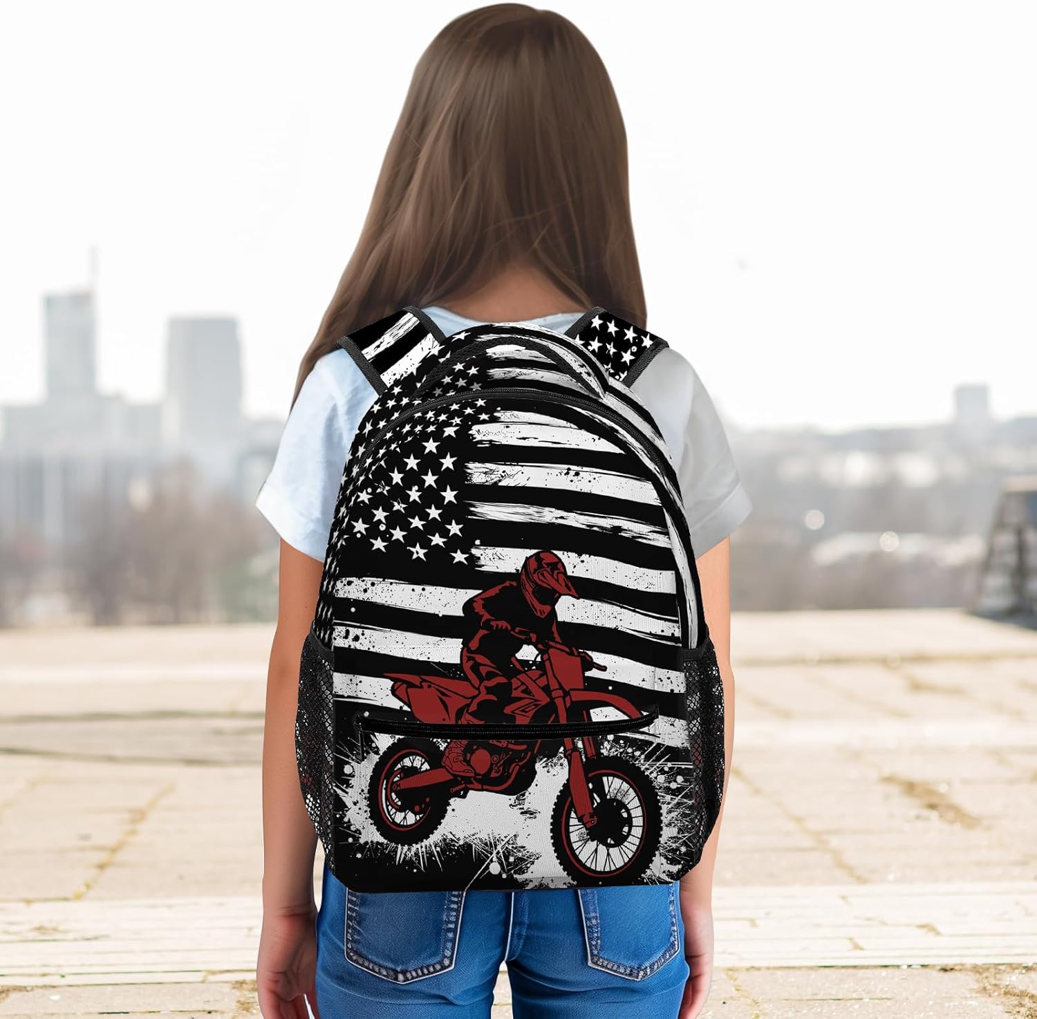 American Flag Motorcycle Backpacks for Men Women, Funny Dirt Bike Backpack for Boys Kids Teens, Black White and Red Motocross Biker School Bookbag Travel Hiking Camping Daypack Rucksack - Image 5