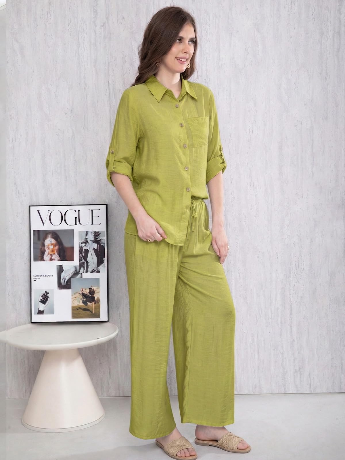 Adigaber Survêtement à Manches Longues pour Femmes Ensemble Deux Pièces Chemise Boutonnée et Ample Taille Haute Jambe Large Cordon de Serrage Pantalons avec Poches