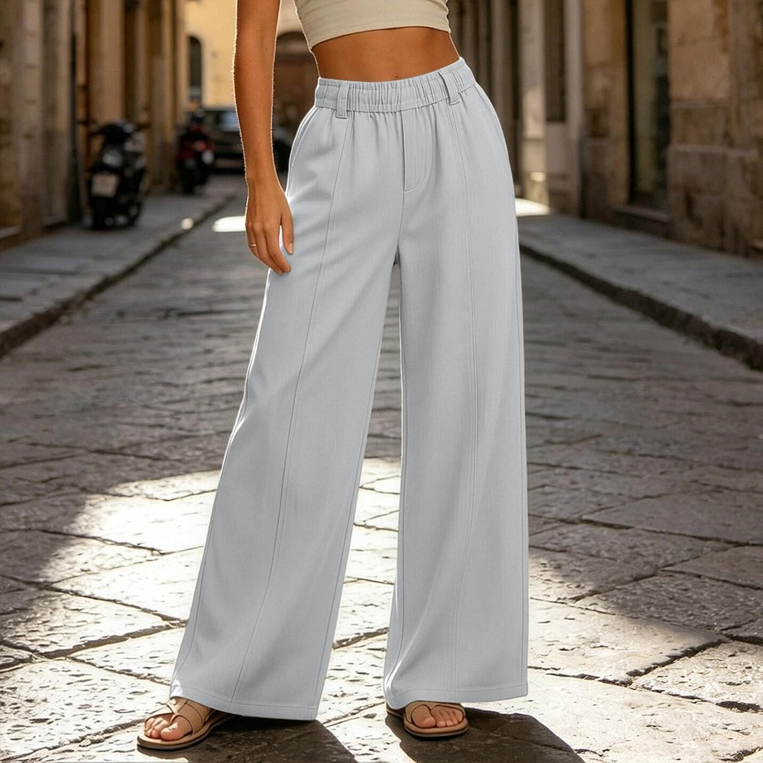 Womens Elastic Waist Barrel Pants Wide Leg Comfy Draped Cargo Trousers Loose Fit Casual Street Bottoms with Pockets