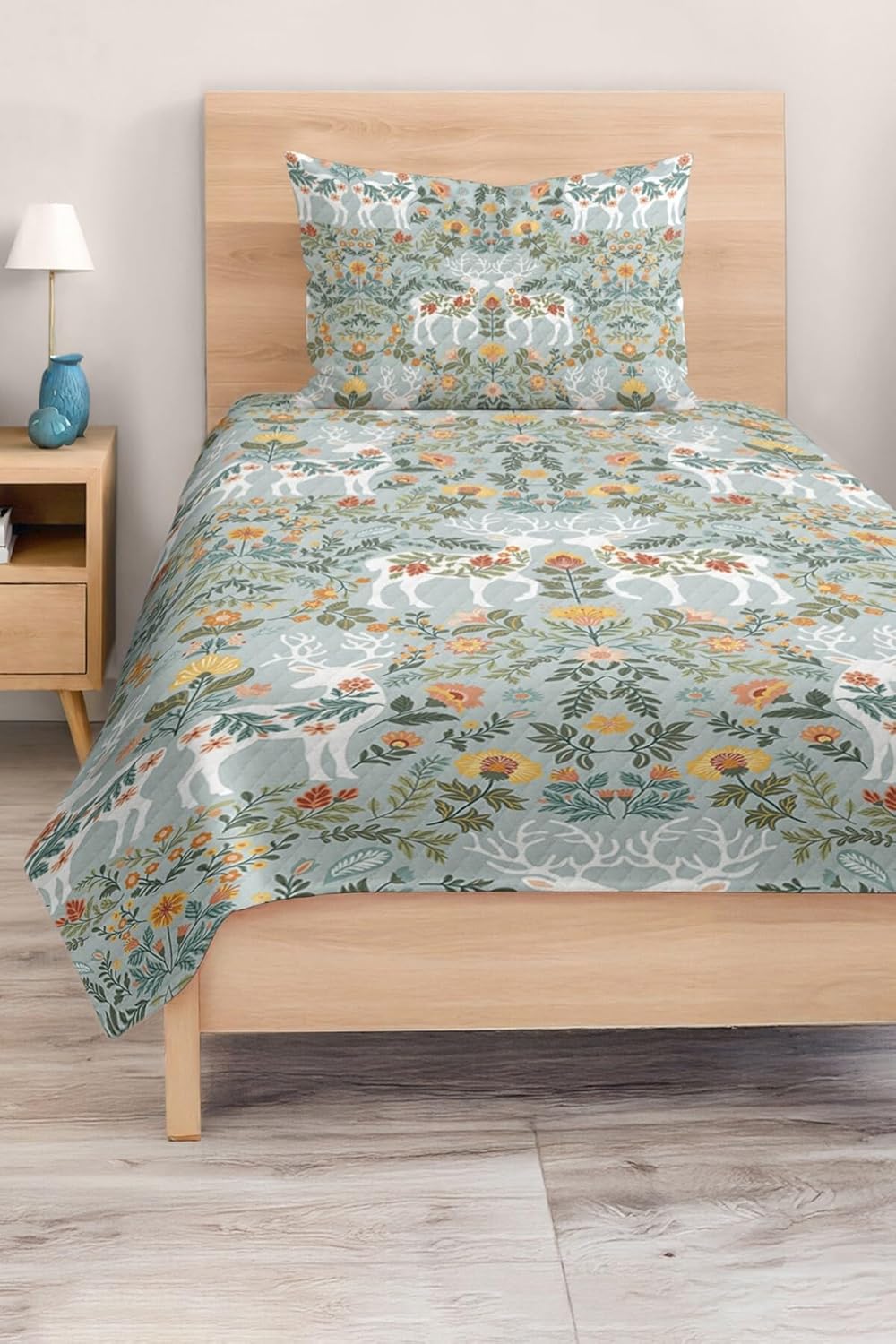 SODEF Pique Set Twin Size Deer and Flower Pattern Pastel Blue Green for Kids and Teens, Lightweight Cotton Polyester Blend, 2 Piece Set - Multicolor, One Size