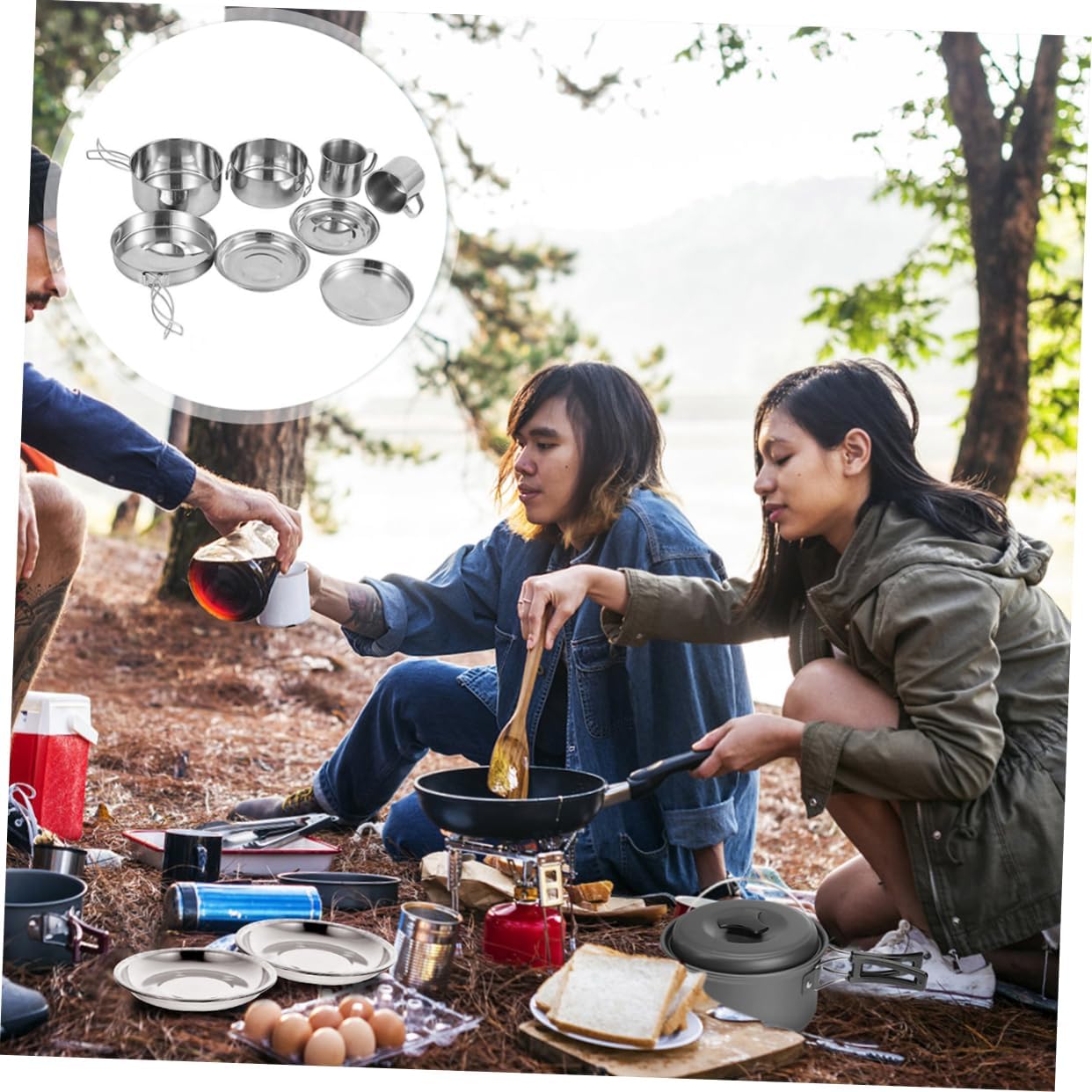 1set Camping Cookware Set Portable Stainless Steel Pot Pan Camping Cookware Kit for Hiking Picnic Outdoor Activities