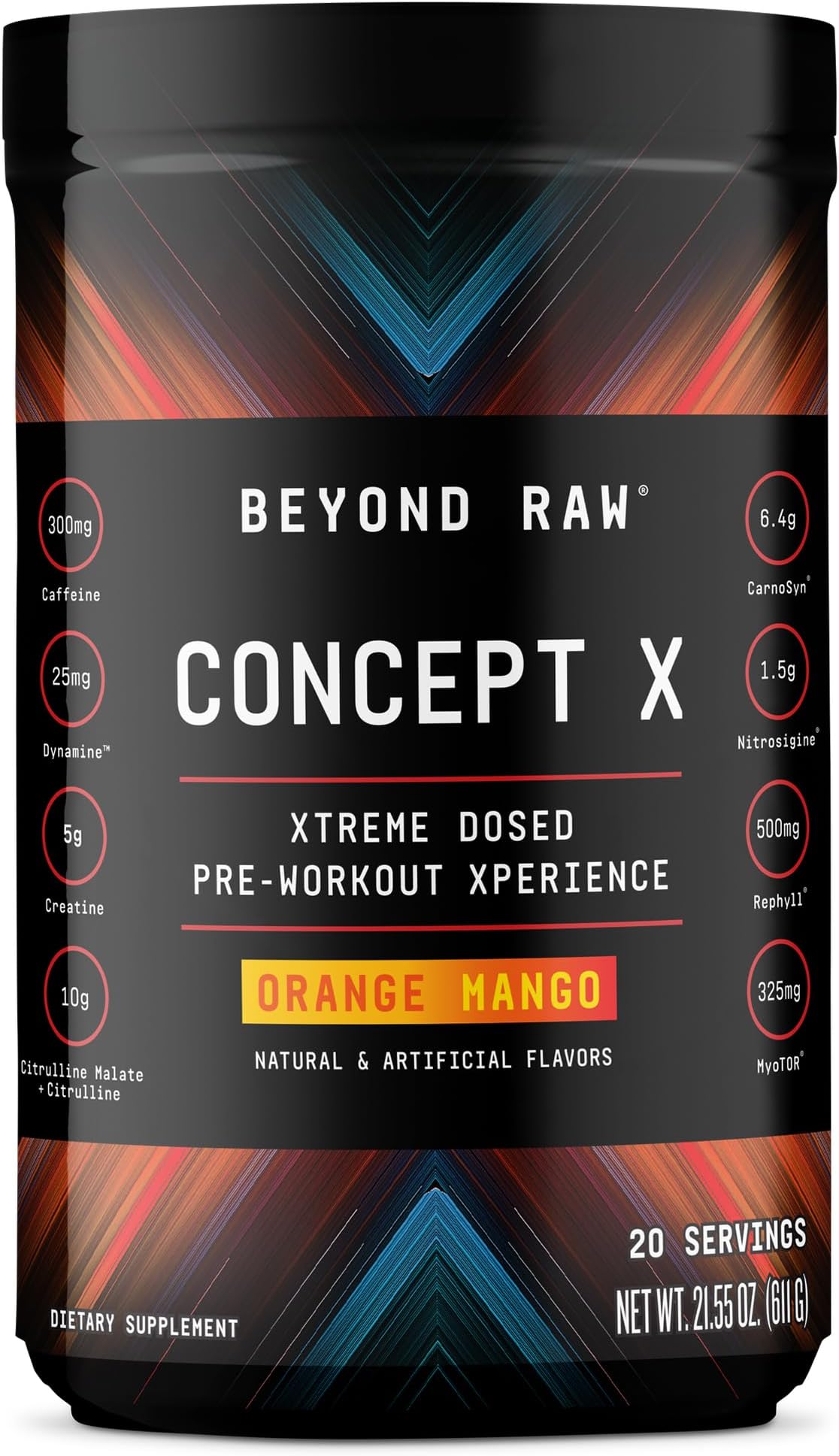 BEYOND RAW Concept X, Clinically Dosed Pre-Workout Powder, Contains Caffeine, L-Citrulline, Creatine, and Beta-Alanine, Orange Mango, 20 Servings