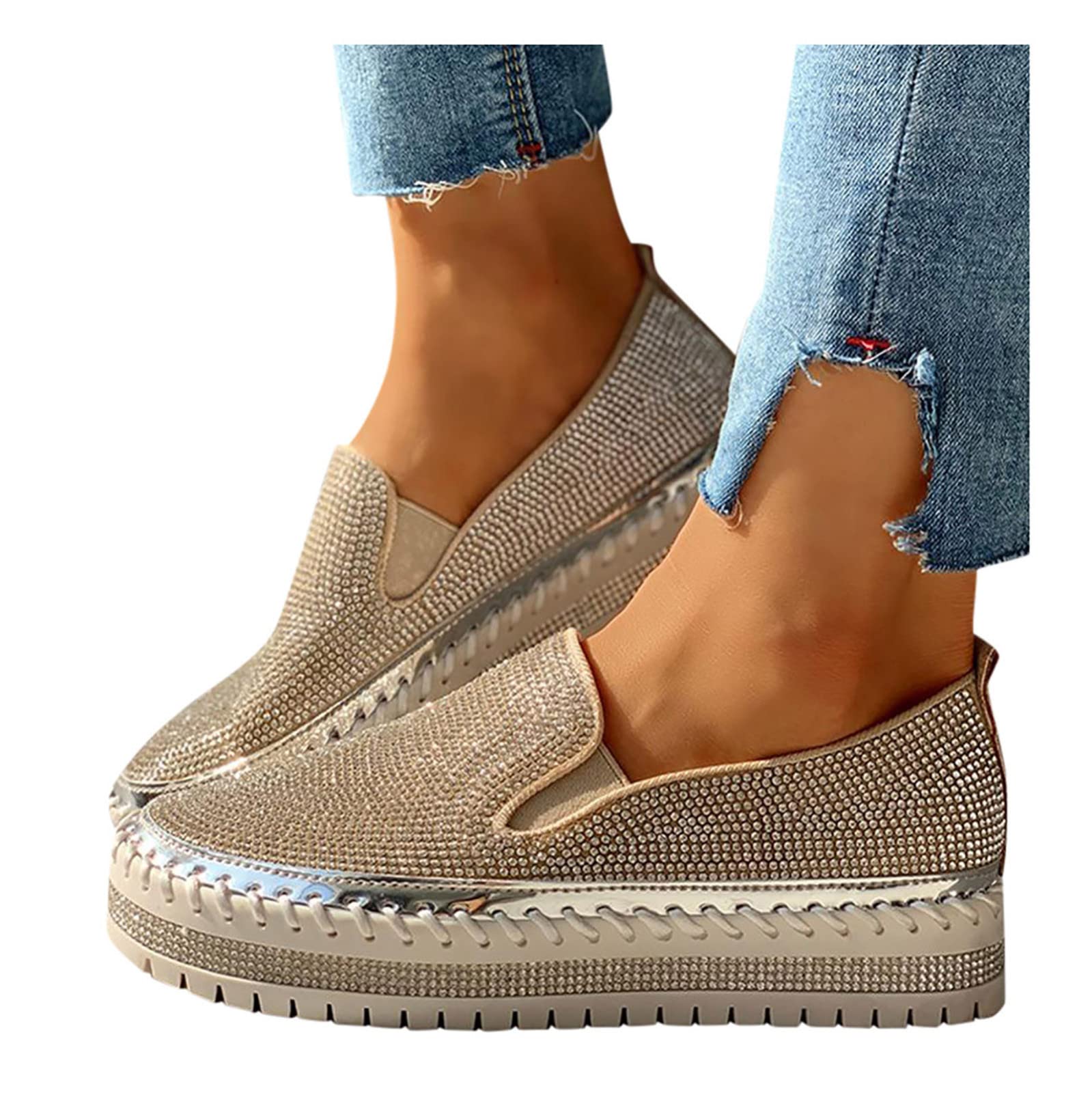 Walkingschuhe Damen Freizeitschuhe Plattform Sneaker Slip-On Damenschuhe Joggingschuhe mit Strass Sportschuhe atmungsaktiv Leichtgewichts Walkingschuhe Outdoorschuhe