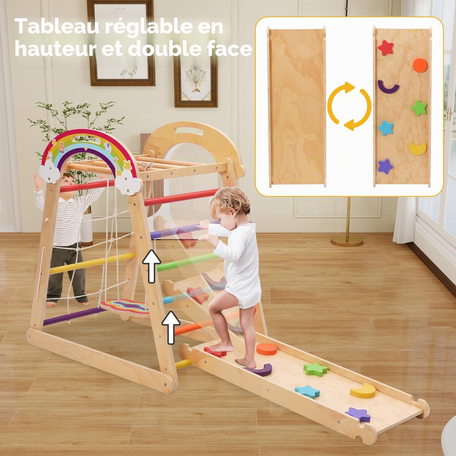 Structure d'escalade Montessori, aire de jeux d'intérieur 5 en 1 pour enfants, avec balançoire, arc, toboggan et corde d'escalade