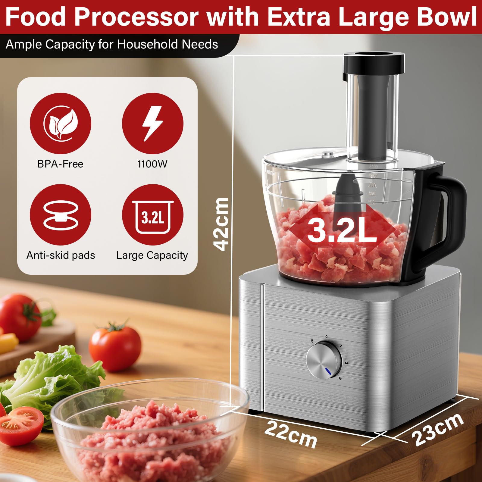 SNDOAS Robot Cuisine Multifonctions, 1100 W Robot Culinaire, Bol Mélangeur 3.2 L, Hachoir Multifonction, Mixeur 1.5 L, Moulin à café, Argent