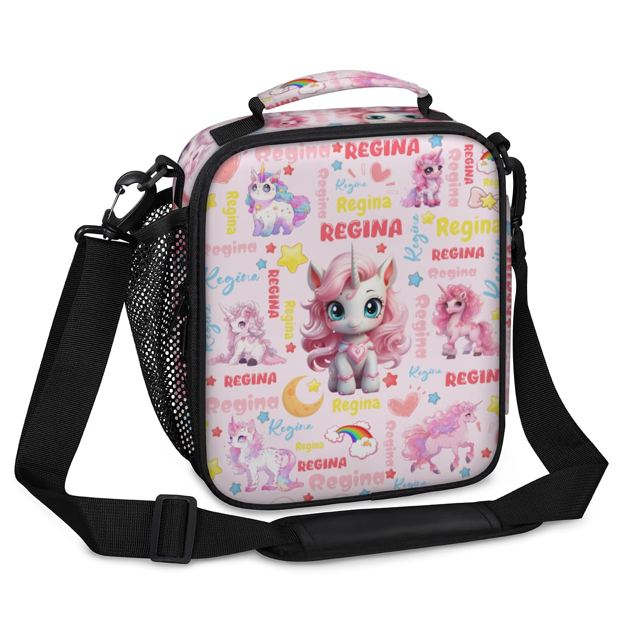 Personalized Insulated Lunch Bags for Kids - Cute Lunch Box for School Picnic, Leakproof & Water-Resistant & Washable Mini Cooler Bag with Adjustable Shoulder Strap, Cute Unicorn Clouds Text Pink