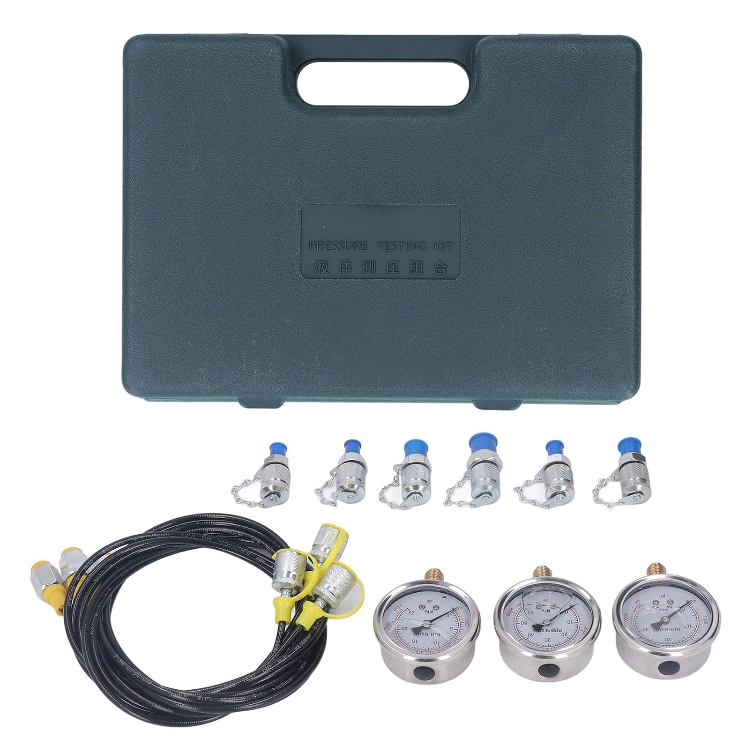 Portable Hydraulic Pressure Test Kit with 3 Gauges, 6 Couplings, and 3 Hose for Accurate Industrial Measurements