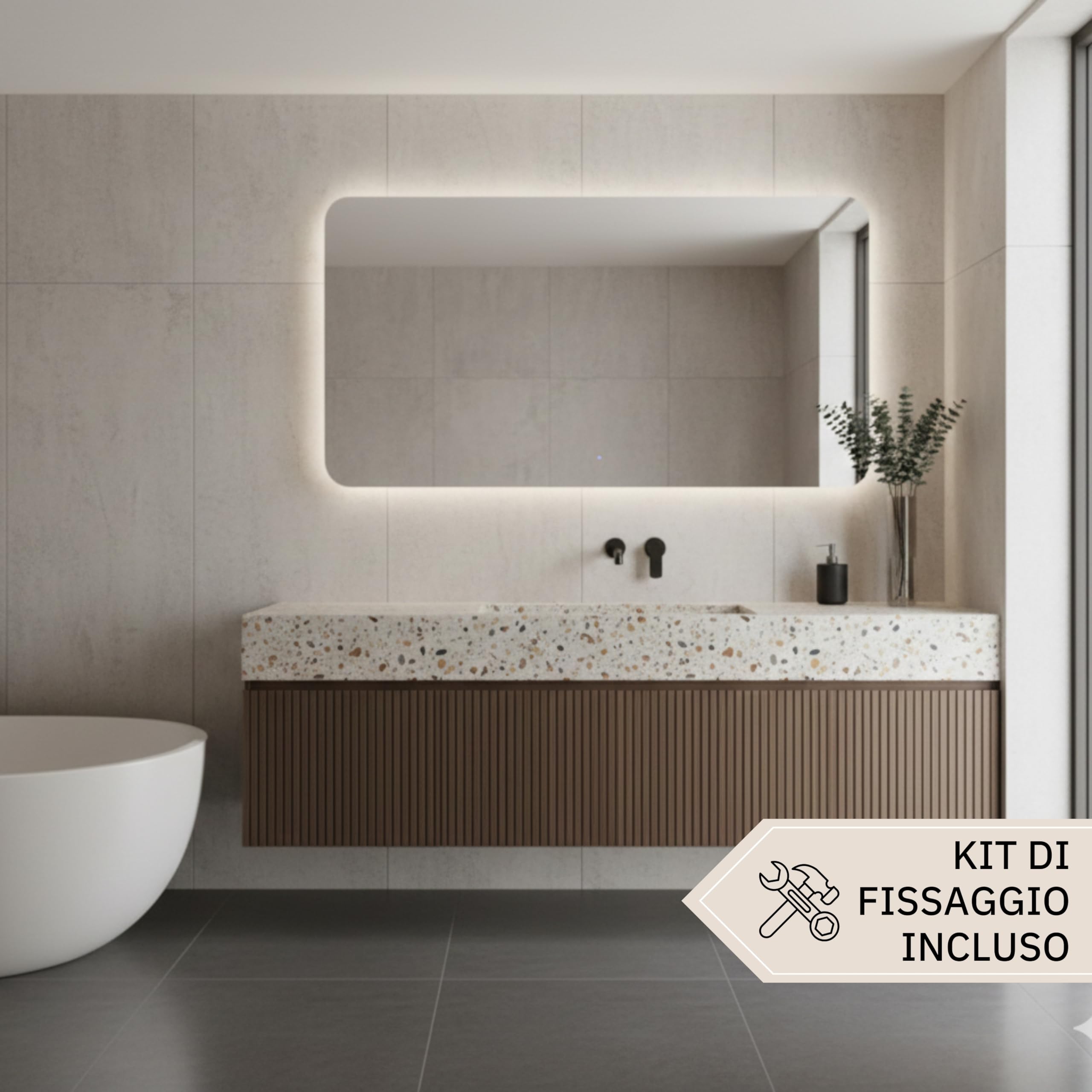 Specchio Bagno con Luce LED CIRCE 100x70 cm, Striscia LED Naturale 4000K, Moderno Retroilluminato 24V