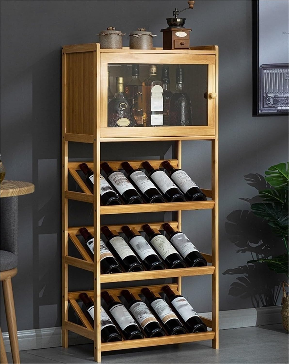4 Tiers Display Wine Storage Shelves with Table Top Wine Rack Free Standing Floor Wine Cabinet Bamboo Pub Cabinet Wine Rack Shelf for Kitchen Pub Dining Room Solid Construction(Natural,116cm)
