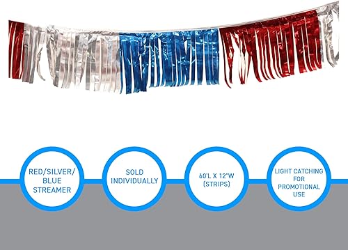 Miniatura 4 de Banderín de flecos metálicos rojoplateadoazul de 60 pies