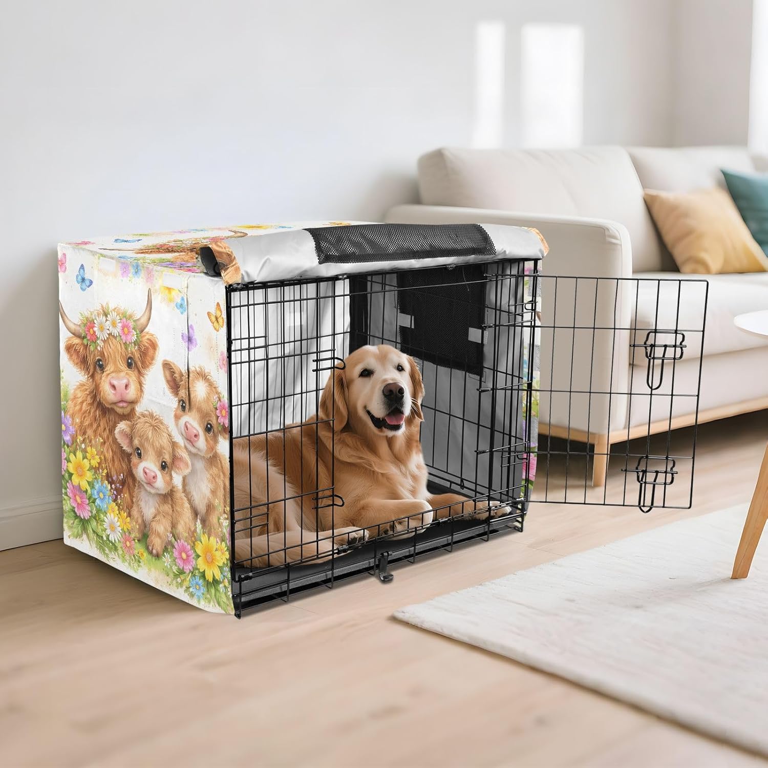 Cute Highland Cattles Dog Crate Cover 600D Oxford Pet Kennel Cover with Mesh Window for Dog Cages, Windproof Waterproof Machine Washable, 42"x28"x30"