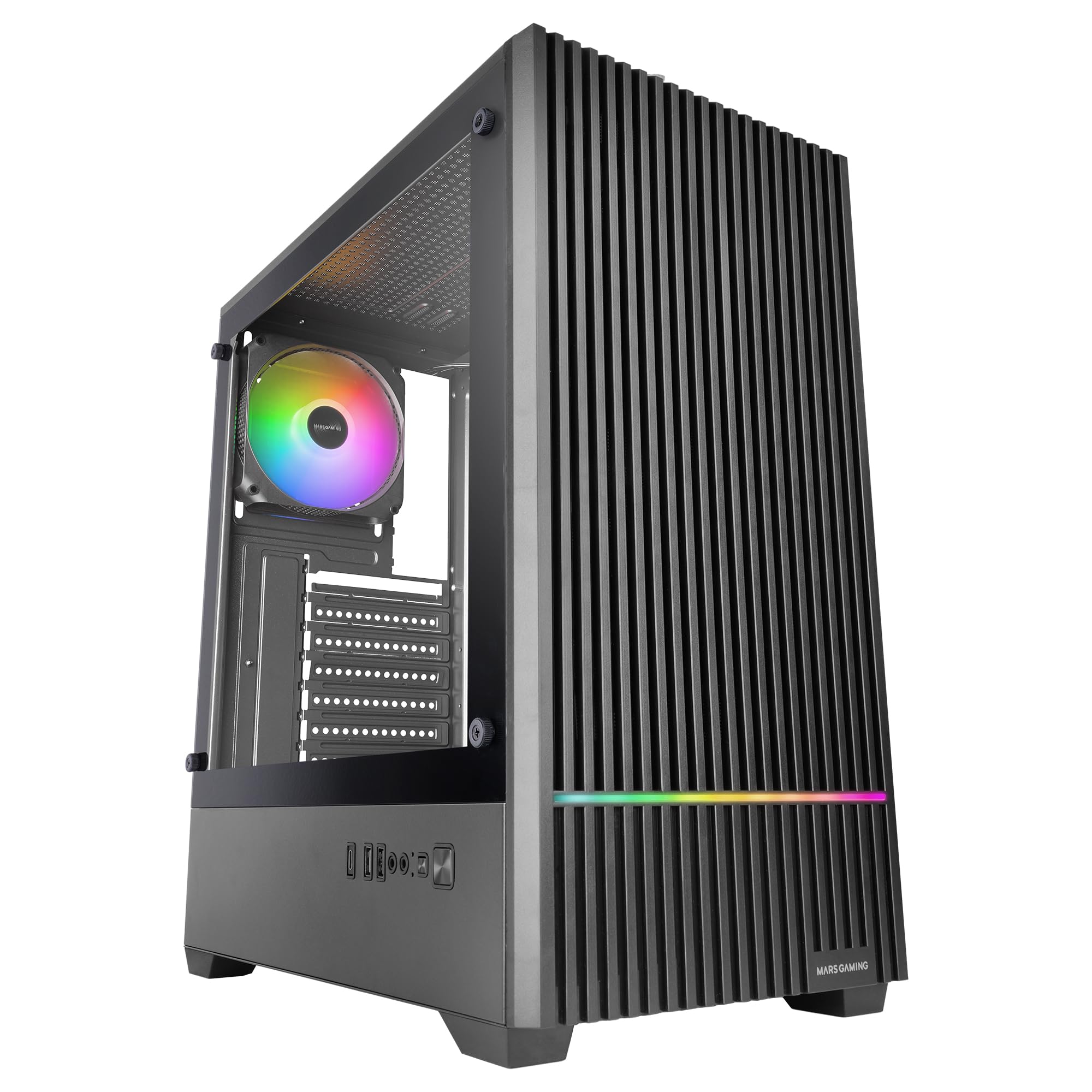 Mars Gaming MC-Quantum, Caja PC Gaming ATX, Frontal Mesh con Tira LED ARGB, Cristal Templado Lateral Completo, 4X Ventiladores FDB 120mm, Soporte Refrigeración Líquida hasta 240mm, USB-C, Negro