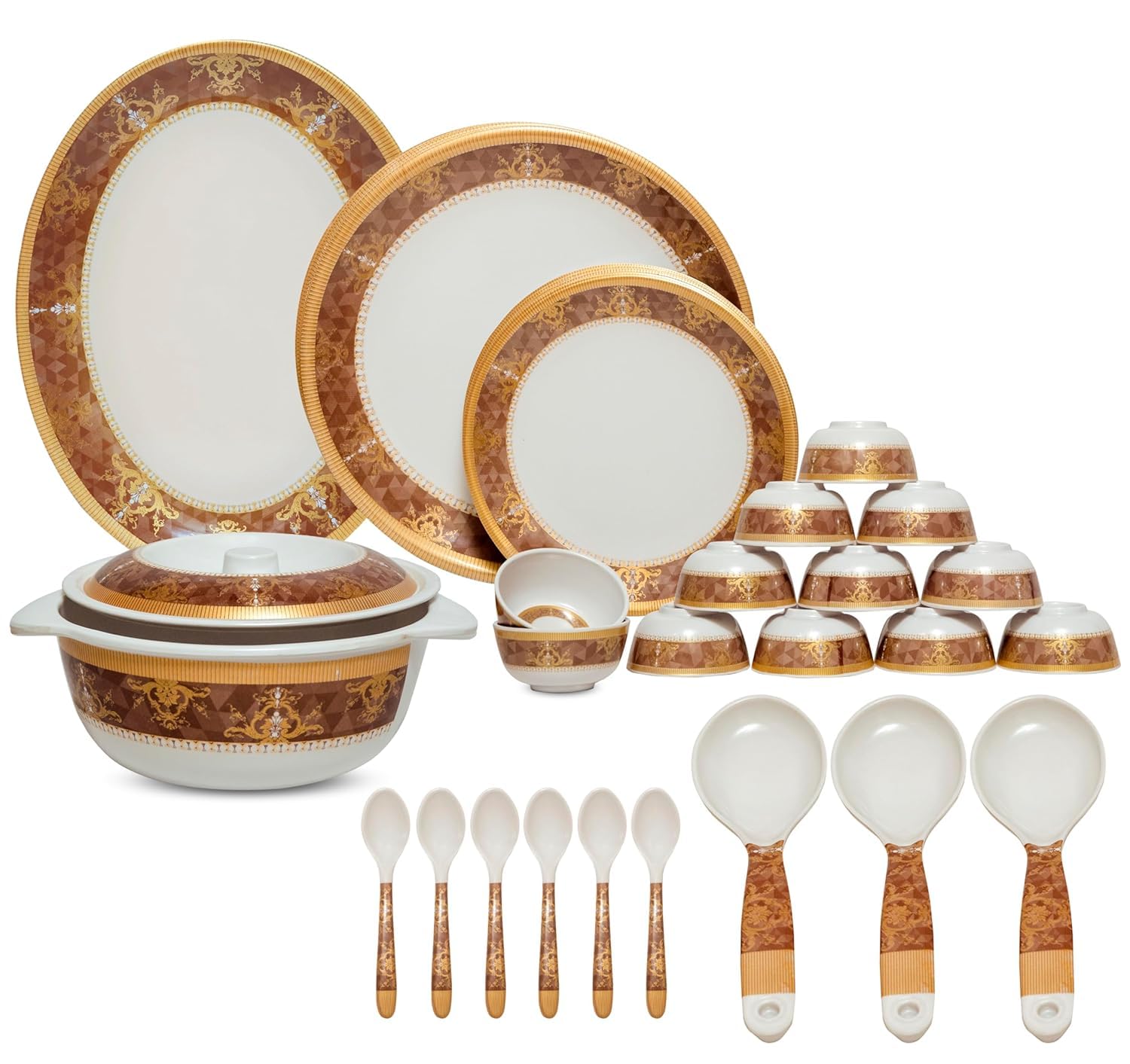 Service de table rond en mélamine 40 pièces chic avec bordure marron dorée raffinée