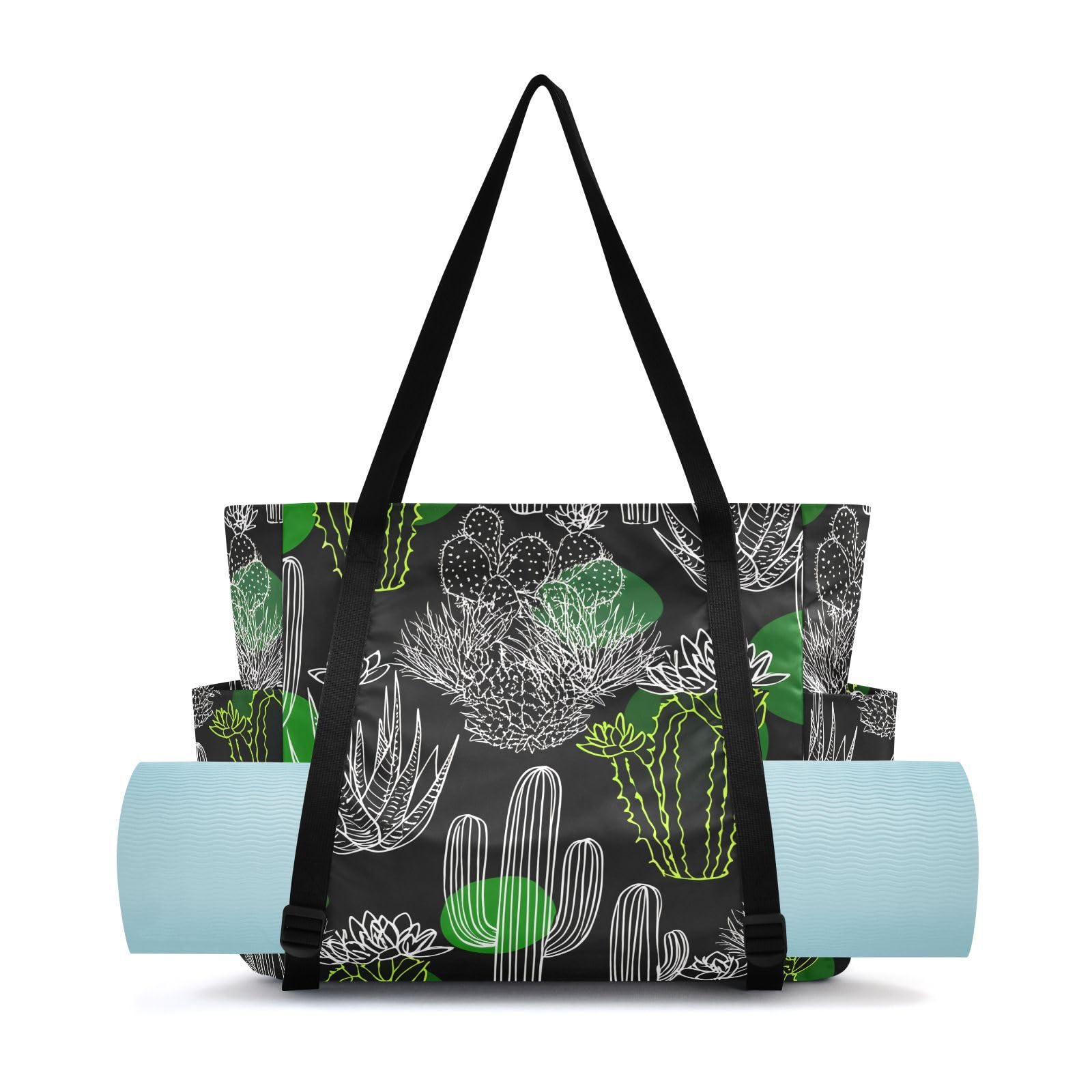 Lxqimora Cacti Lines Unique Black Yoga Mat Bag for Women Water-Resistant Gym Bag with Yoga Mat Holder Tote Bag for Gym Travel Office Pilates