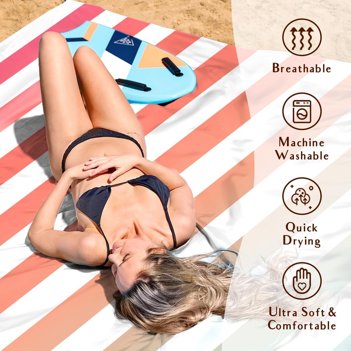 AlphaBeing Beach Blanket Waterproof Sandproof, Extra Large Beach Mat for 1–8 Adults, Oversized Picnic Blanket with 4 Stakes & Storage Bag, Essential Beach Gear for Travel