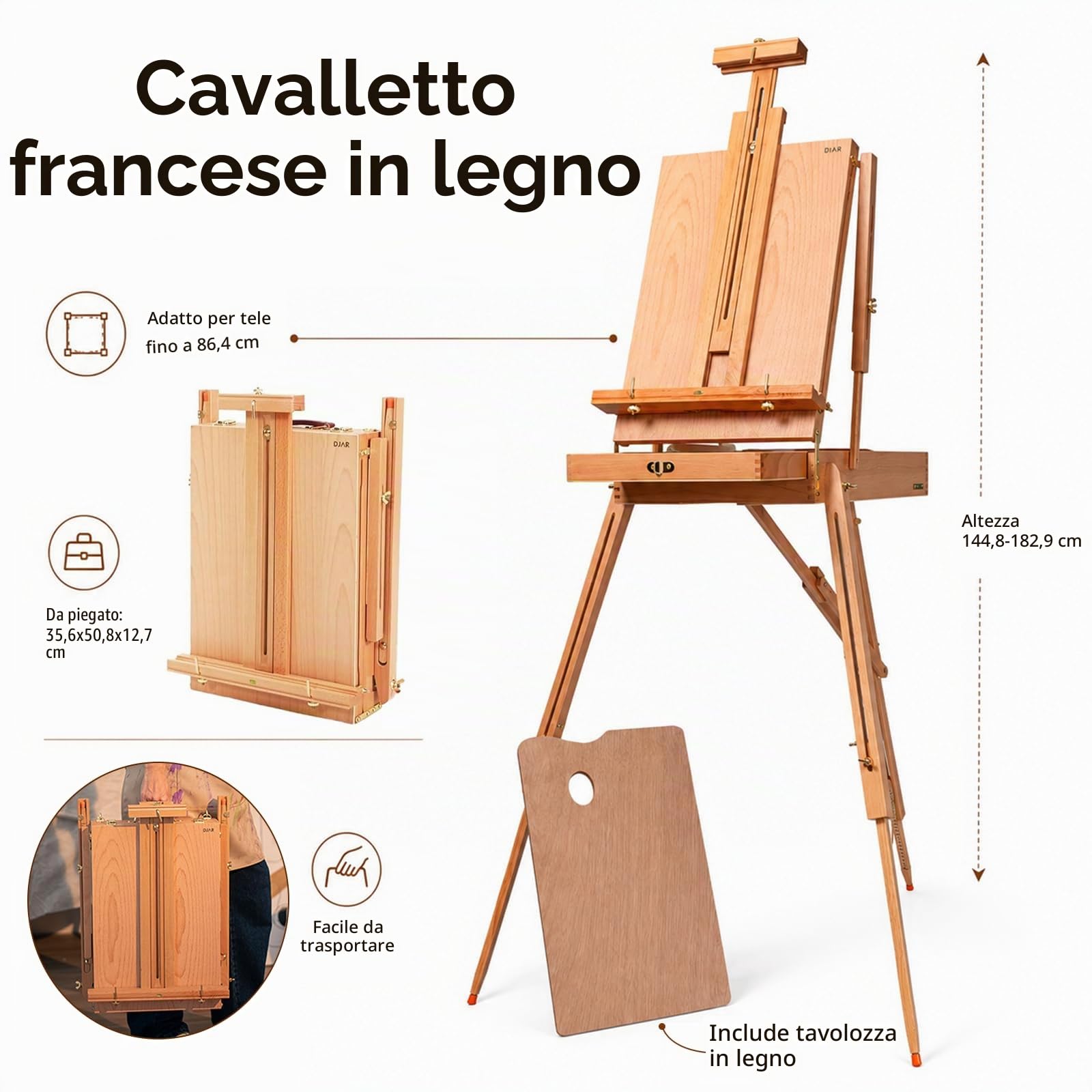 DJAR Set di Pittura 169 pz con Cavalletto Francese, Kit Artistico Completo per Principianti e Professionisti, Colori Acrilici, Acquerelli e Olio