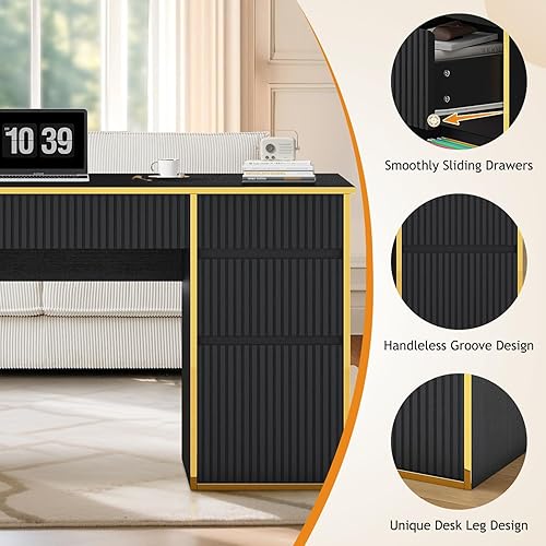 Miniatura 6 de Escritorio ejecutivo de 58 pulgadas con 7 cajones, escritorio negro y dorado con cajones de archivos para dormitorio, escritorio de oficina en casa