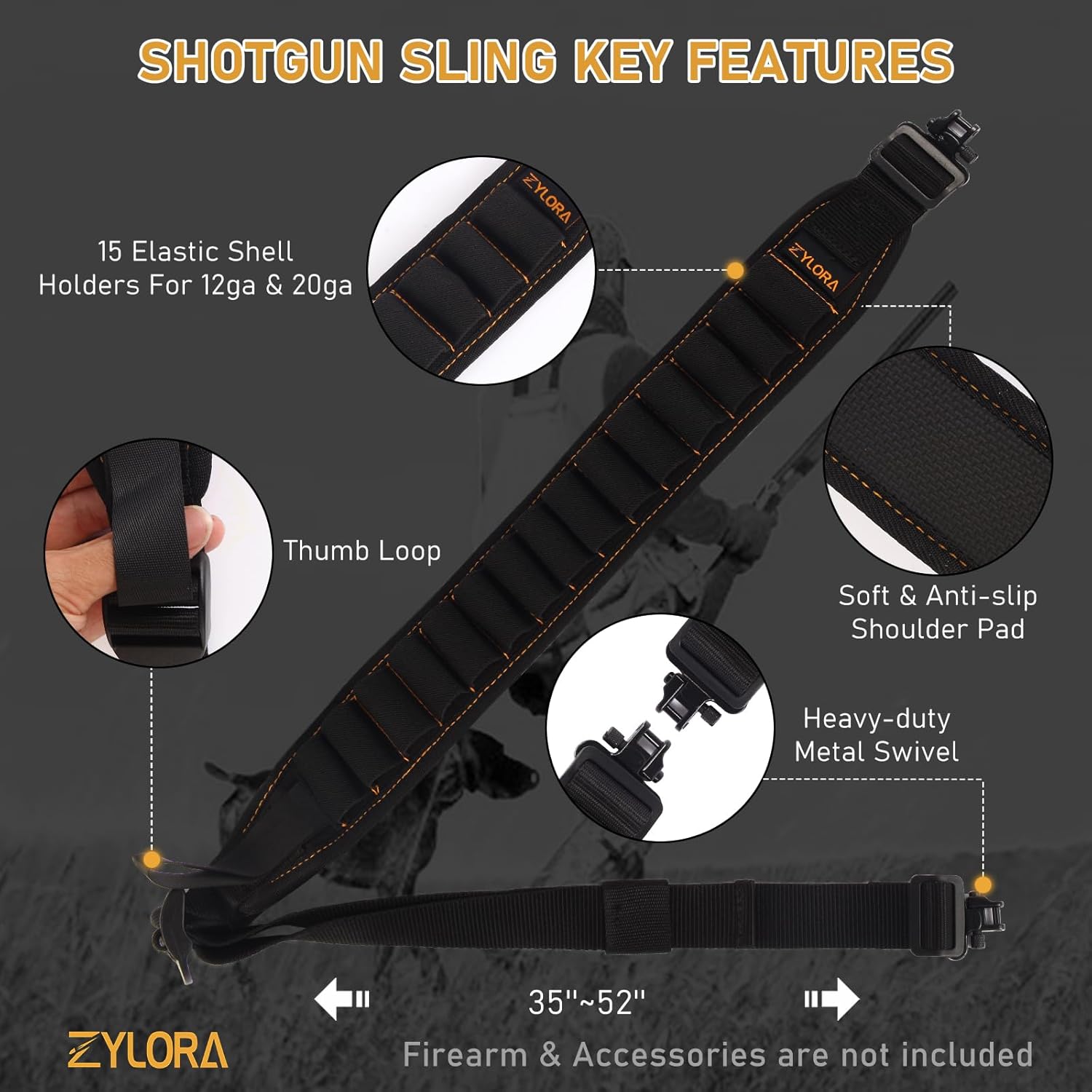ZYLORA Shotgun Sling with Shell Holders for Shotguns, Adjustable 2 Point Neoprene Padded Non-Slip Shoulder Strap with Metal Swivels, Hunting, Tactical & Remington/Mossberg Compatible