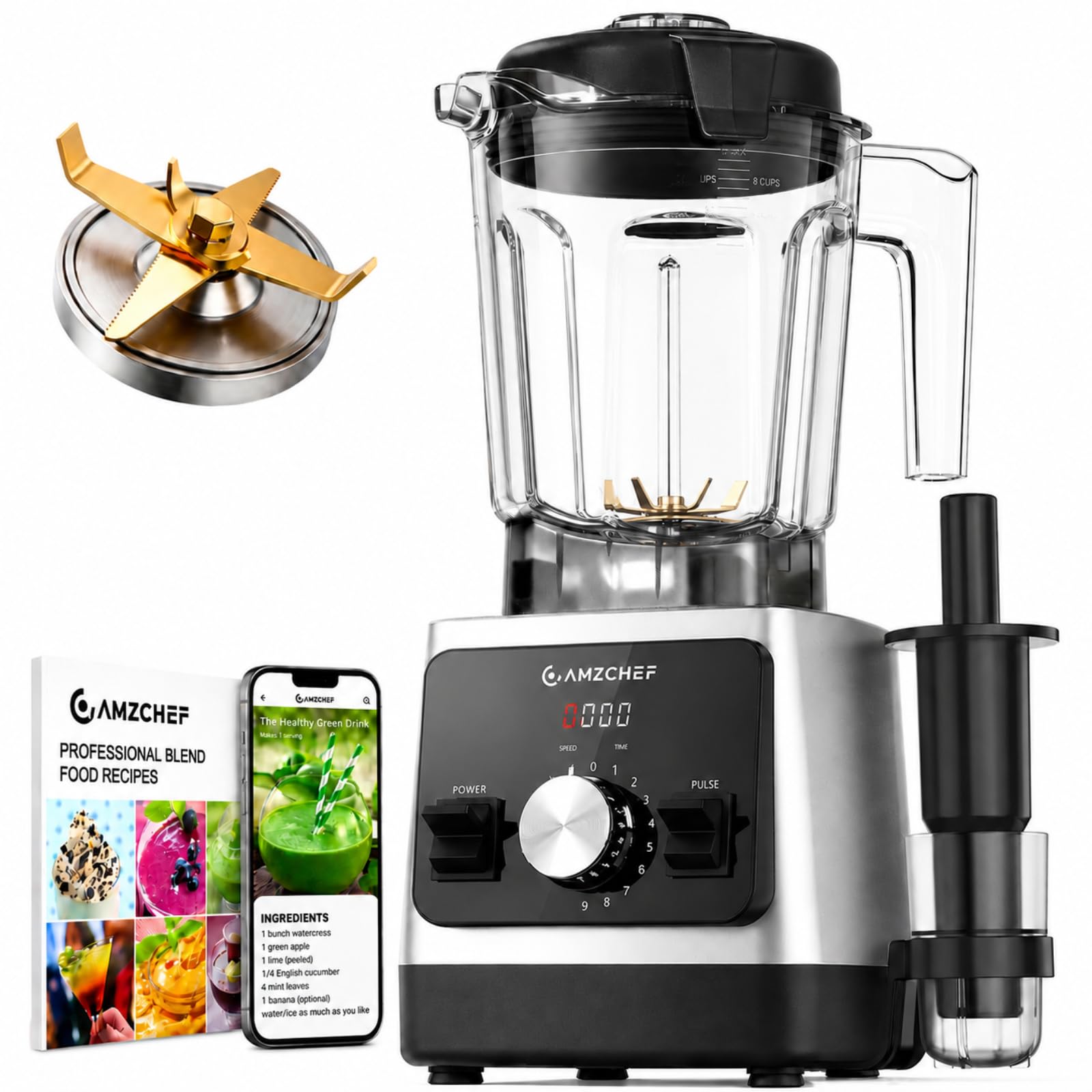 AMZCHEF Hochleistungs-Standmixer 1800 Watt, 2 L Tritan-Behälter (BPA-FREI) | Mixer für Smoothies, Hacken von Gemüse & Mixen von Frozen Drinks, 5 Automatikprogramme, 9 Geschwindigkeiten & Pulse-Funktion