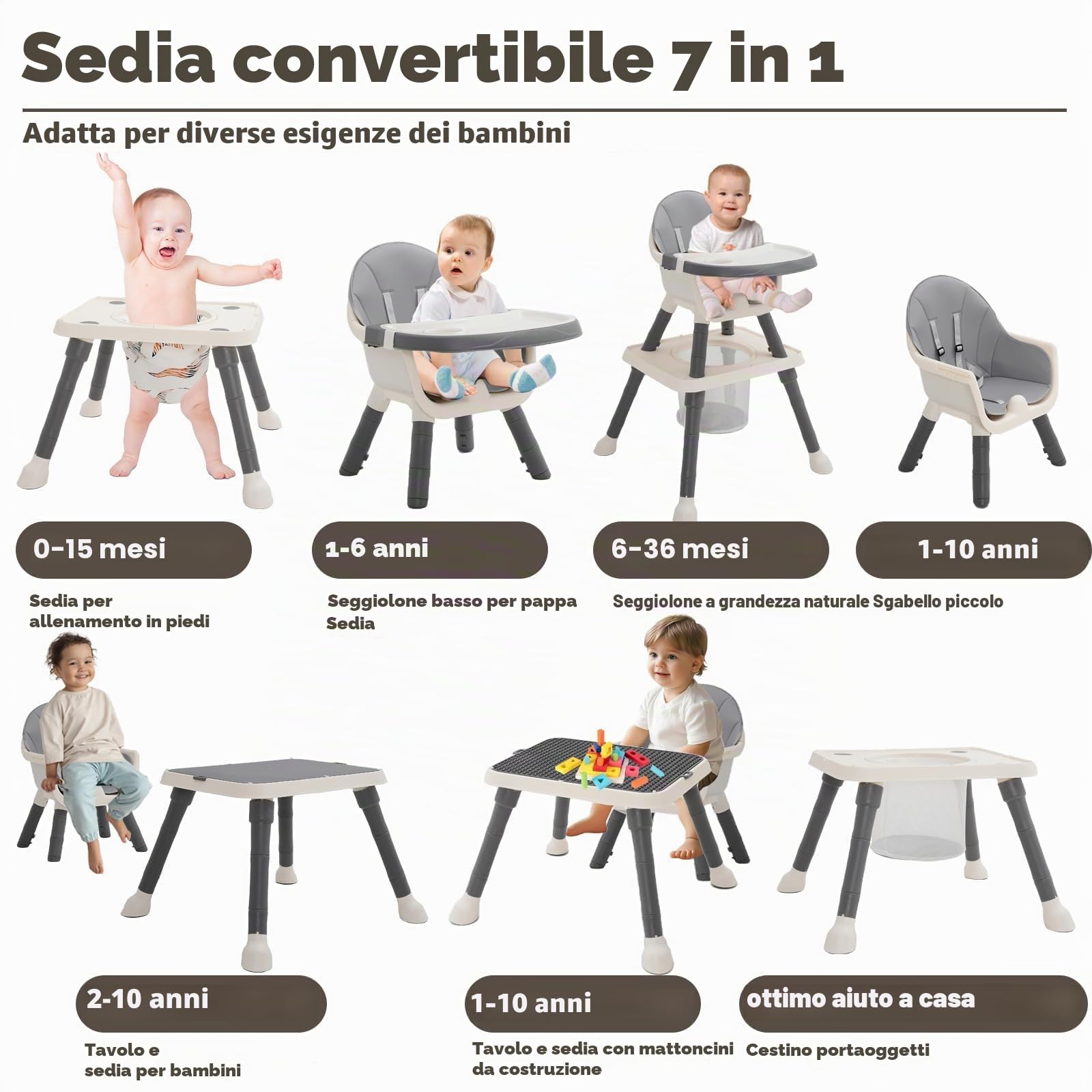 Seggiolone 7 in 1 per bambini, con tavolo da pranzo, poggiapiedi, cesto, cintura di sicurezza e doppio vassoio rimovibile, per bambini a partire dai 6 mesi (grigio)