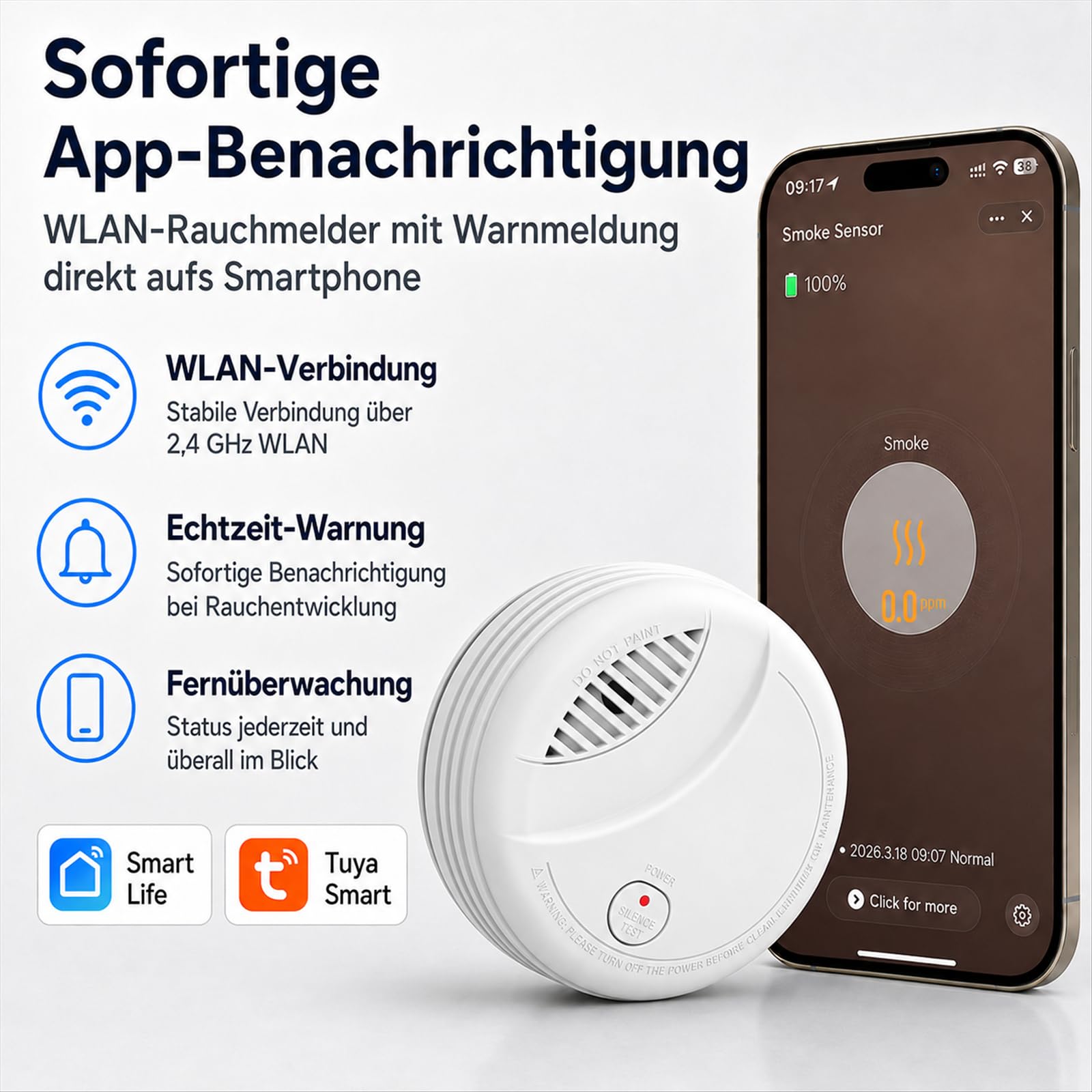 WiFi Rauchmelder mit App-Benachrichtigung, 10-Jahre Batterie, Vernetzbar, Geprüft nach DIN EN 14604, Optischer Rauchwarnmelder für Smart Home, Einfache Installation,3 PCS