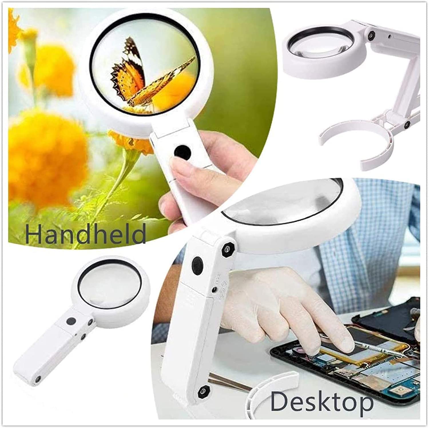 Lupa de Escritorio portátil con 6 Luces LED y Mango Plegable, Lente de Aumento Recargable 7X para Lectura, Costura, Pasatiempos, reparación de Joyas, Punto de Cruz, Manualidades.