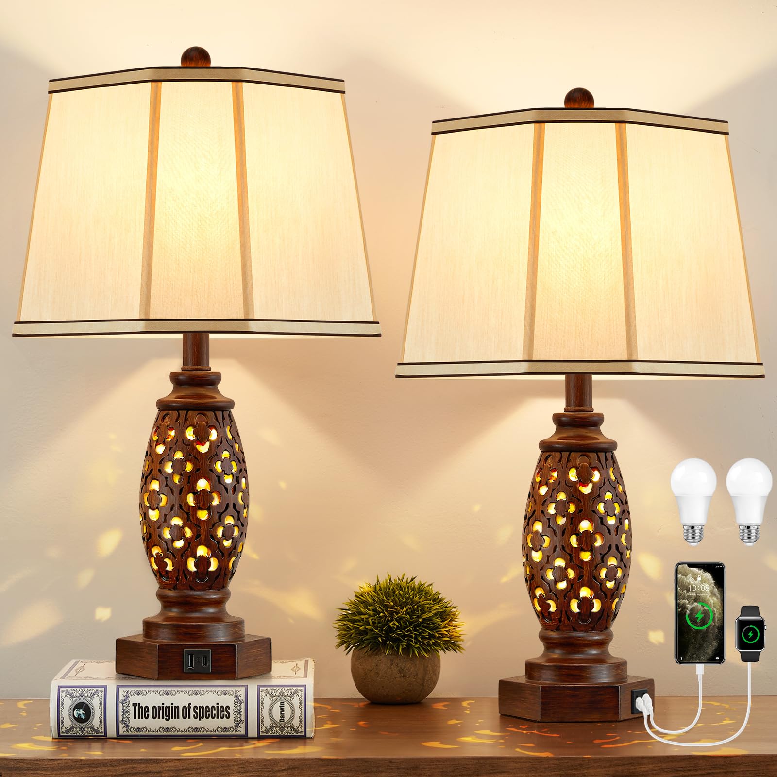 Bedside Lamps Set of 2-23 5 Vintage Table Lamp with USB A C and Nightlight - Brown Carved