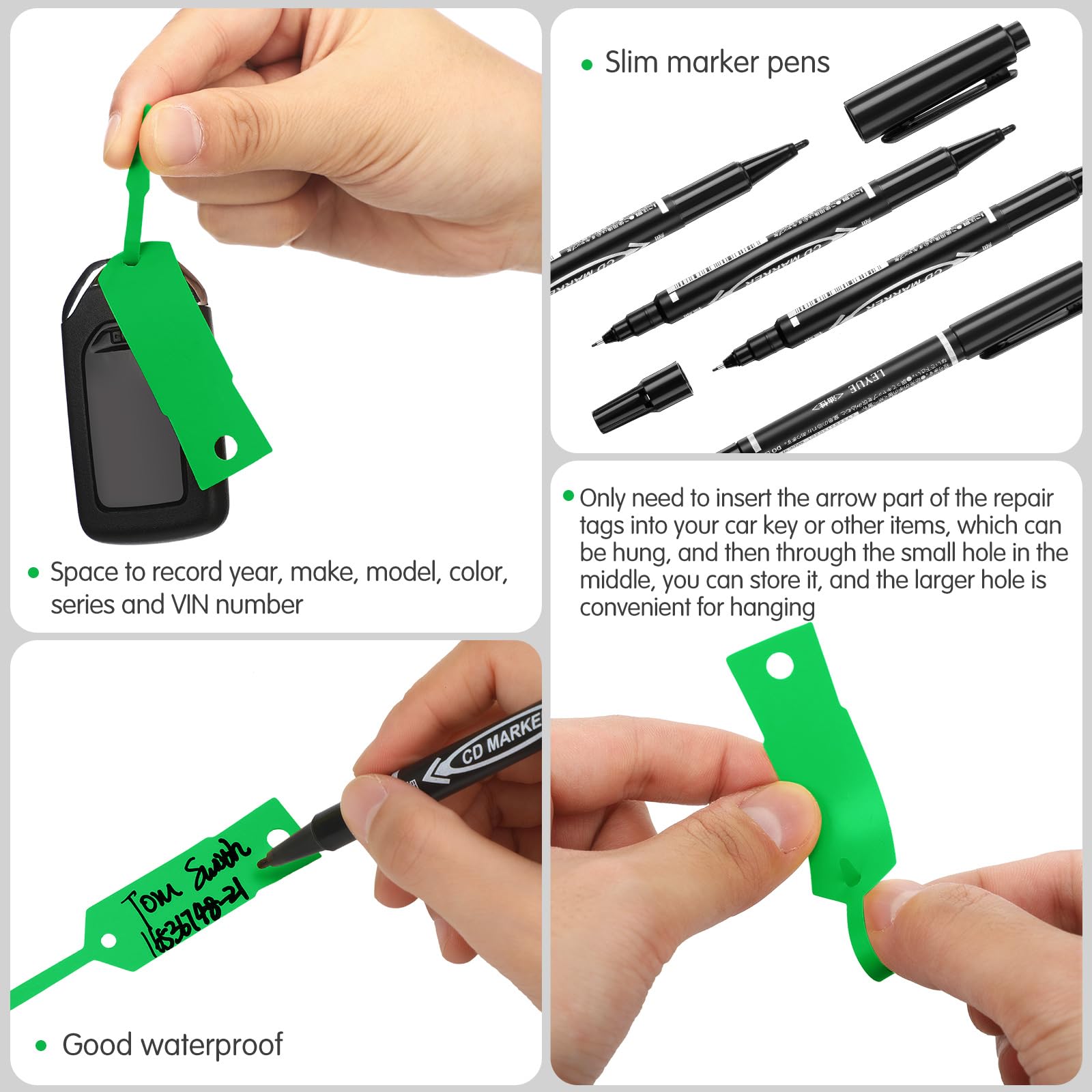 Woanger Lot de 2 000 étiquettes autobloquantes pour clés de voiture avec 5 stylos noirs pour fournitures de bureau et de magasin automobile (11,4 x 1,9 cm, vert)