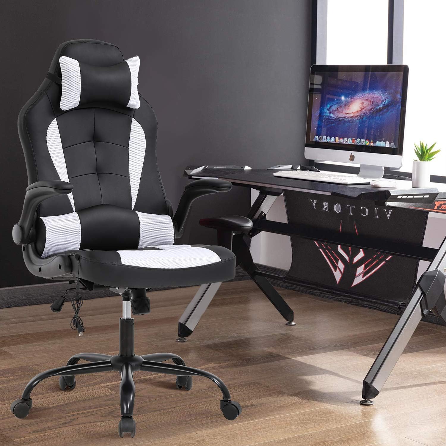 Vnewone Computer Gaming Chair Office PC Ergonomic Executive Desk Racing Rolling Swivel Task PU Leather with Lumbar Support Headrest Adjustable Armrest Massager, White