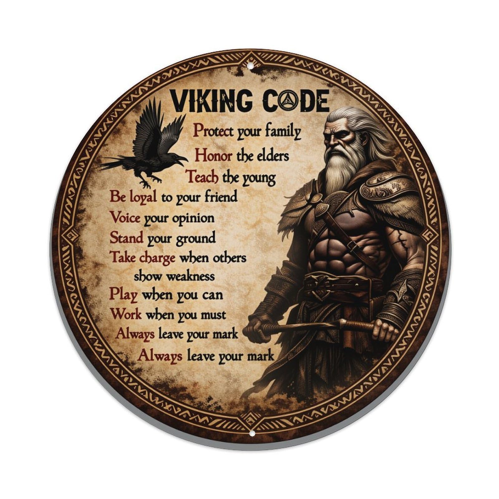 Viking Code Warrior Raven Armor Vintage Round Tin Sign Retro Metal Wall Decor Metal Poster, Home Bar Garage Cafe Wall Art Decoration 8x8Inches