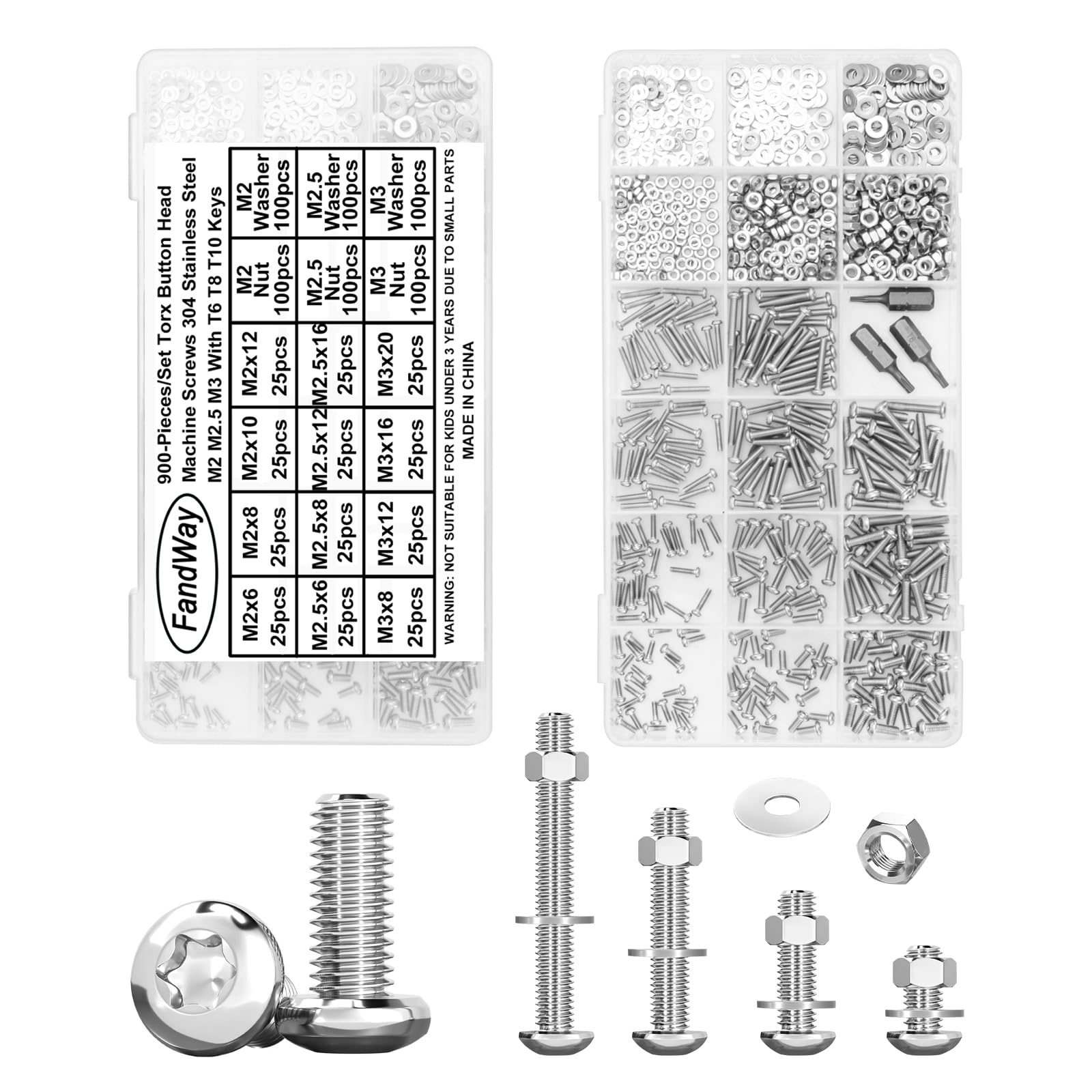 M2 M2.5 M3 Torx Viti per Metallo e Dadi, 900 Pezzi Viti a Testa Rotonda Torx, Bullone e Dadi Rondelle, Bulloni Testa Bombata Completamente Filettati in Acciaio Inox 304.
