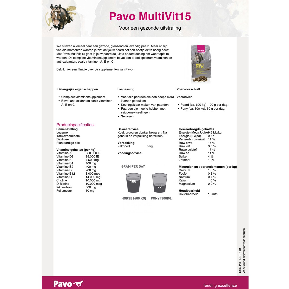 Pavo MultiVit 15 3kg für Pferde, Senior, Unterstützung für ältere Pferde, Geschmacklos, 3 Kilogramm