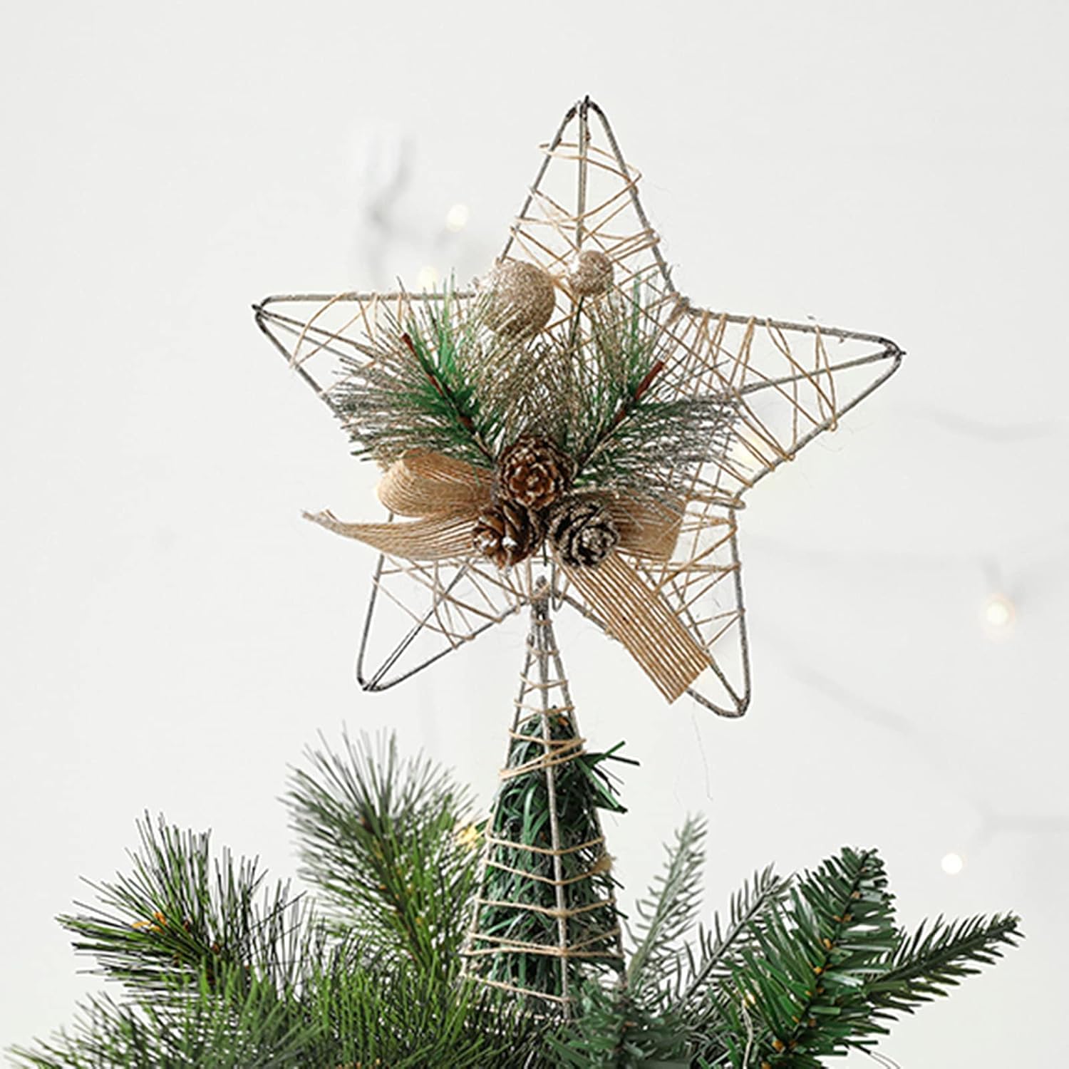 Árbol de Navidad Topper estrella iluminada árbol T Adorno for árbol de Navidad, estrella de Metal con purpurina, adorno for árbol con bayas rojas y ramas de pino, adornos rústicos naturales for copa d
