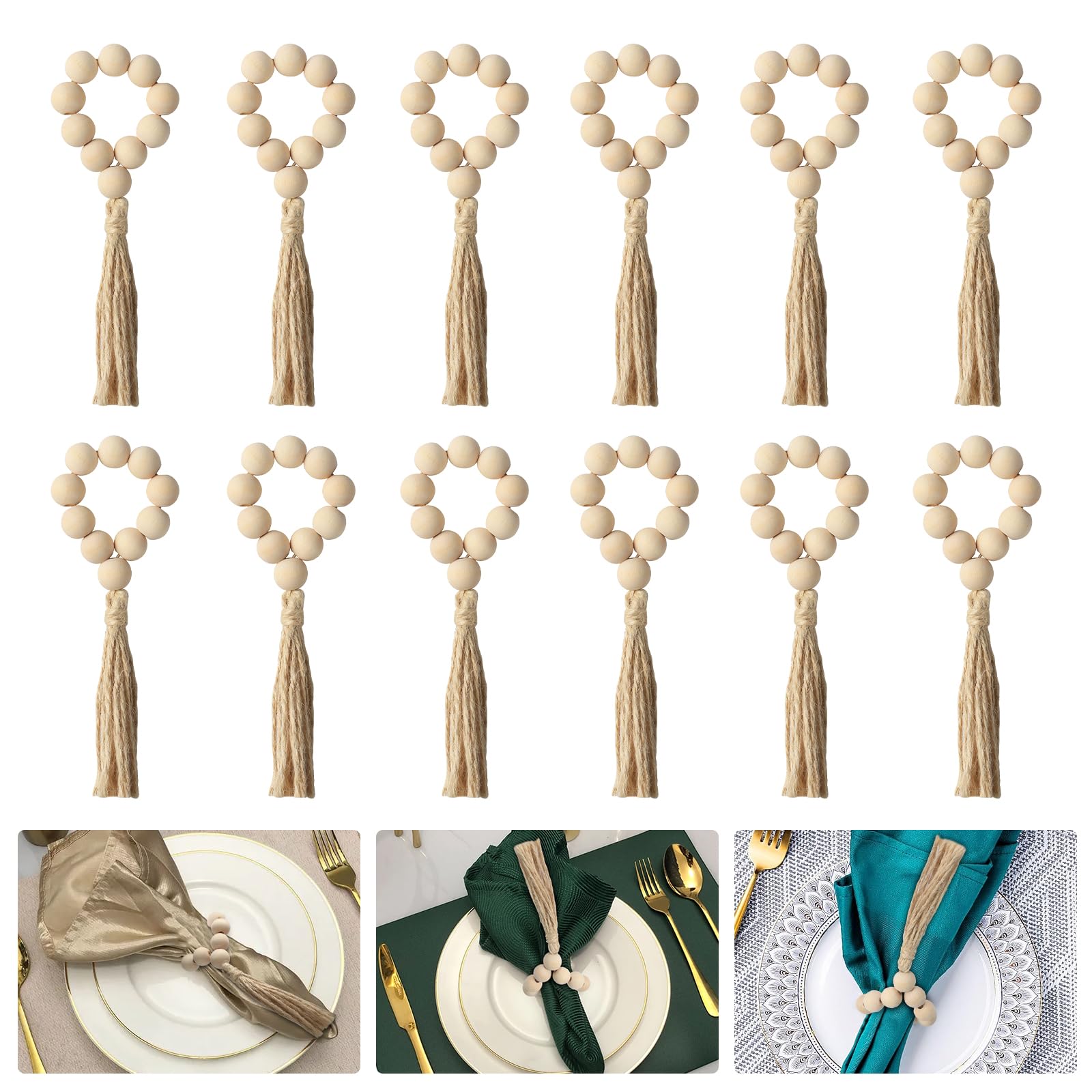12 Pieces Natural Handmade Wooden Napkin Rings, Bohemian Napkin Rings with Jute Rope Tassel Handmade Napkin Clasps