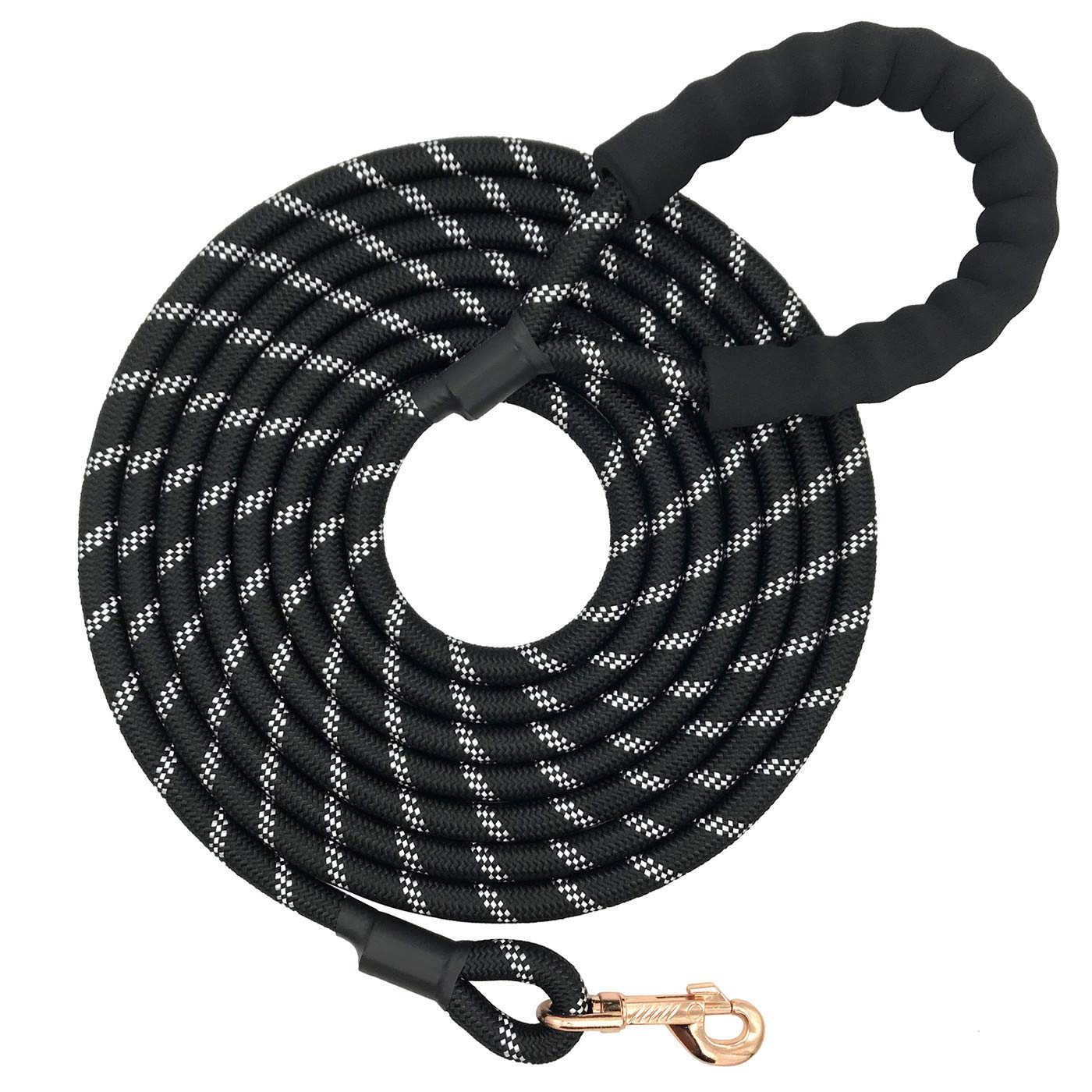MJ-July Strong Nylon Dog Rope Twist Lead with Soft Padded Handle and High Reflcetive Threads 5-20 FT Long Black 15FT