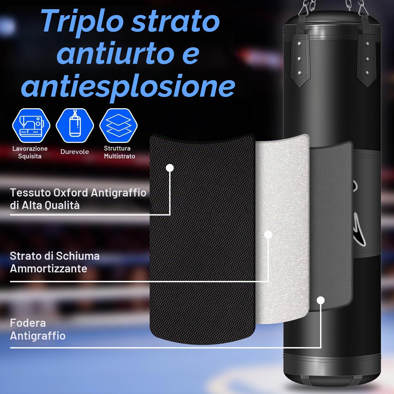 Sacco da Boxe per Adulti, Adolescenti e Bambini, 120 cm Tessuto Oxford, con Gancio a Soffitto, Catena, Bende, Parapolsi per MMA, Karate, Kickboxing, Boxe Home-Gym (Non Imbottito)