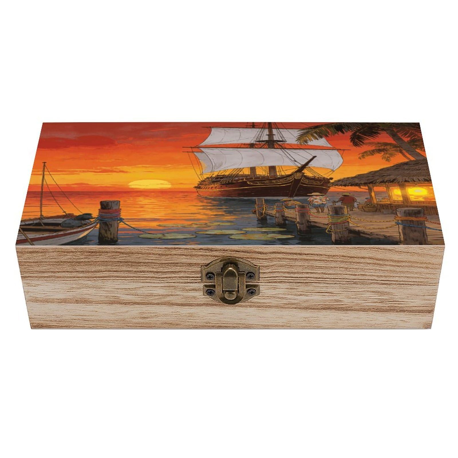 asbwuo Sunset Pier Wood Keepsake Box Wooden Box with Hinged Lid