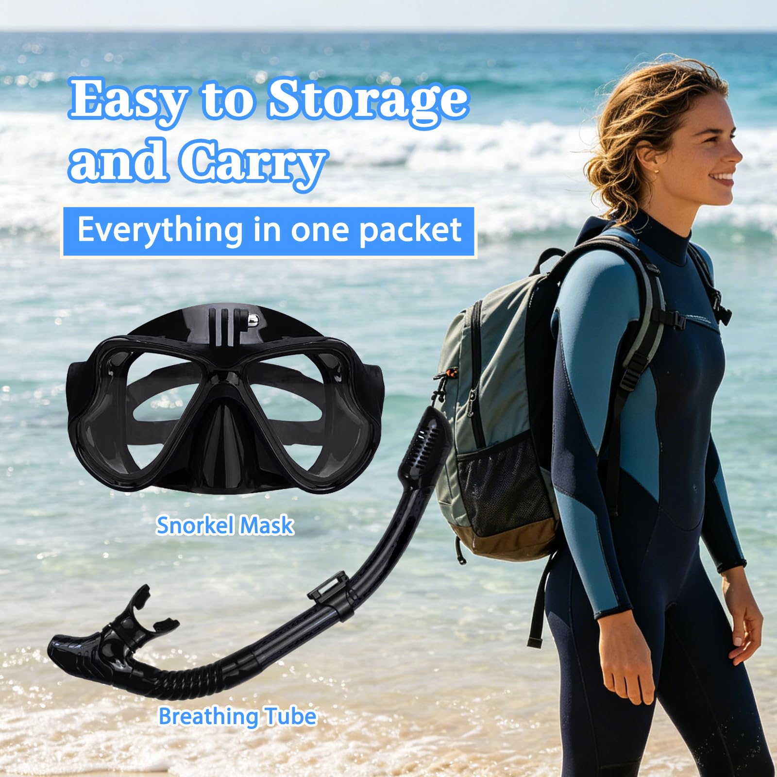 Maschera Snorkeling Subacquea Adulti con Supporto Fotocamera, Panoramica 180° Anti-Appannamento Vetro Temperato