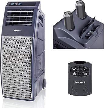 Honeywell Outdoor-Safe Portable Evaporative Swamp Cooler & Fan with GFCI Cord, Powerful 36Ft Airflow with Drink Holders, Gray