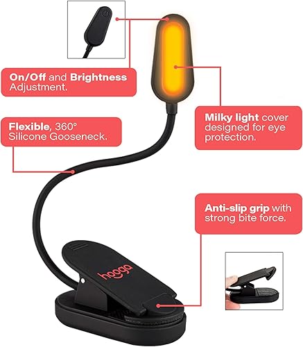 Miniatura 2 de Hooga, luz de lectura con clip, bloqueo de luz azul, color ámbar Luces led cálidas de 1600 K para leer en la cama. Favorece el sueño. Batería
