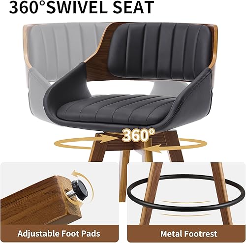 Miniatura 4 de Swivel Bar Stools Set of 2, Walnut Counter Height Bar Stools with Back and Arms, 26" Modern Faux Leather Upholstered Bar Chairs for Kitchen Island