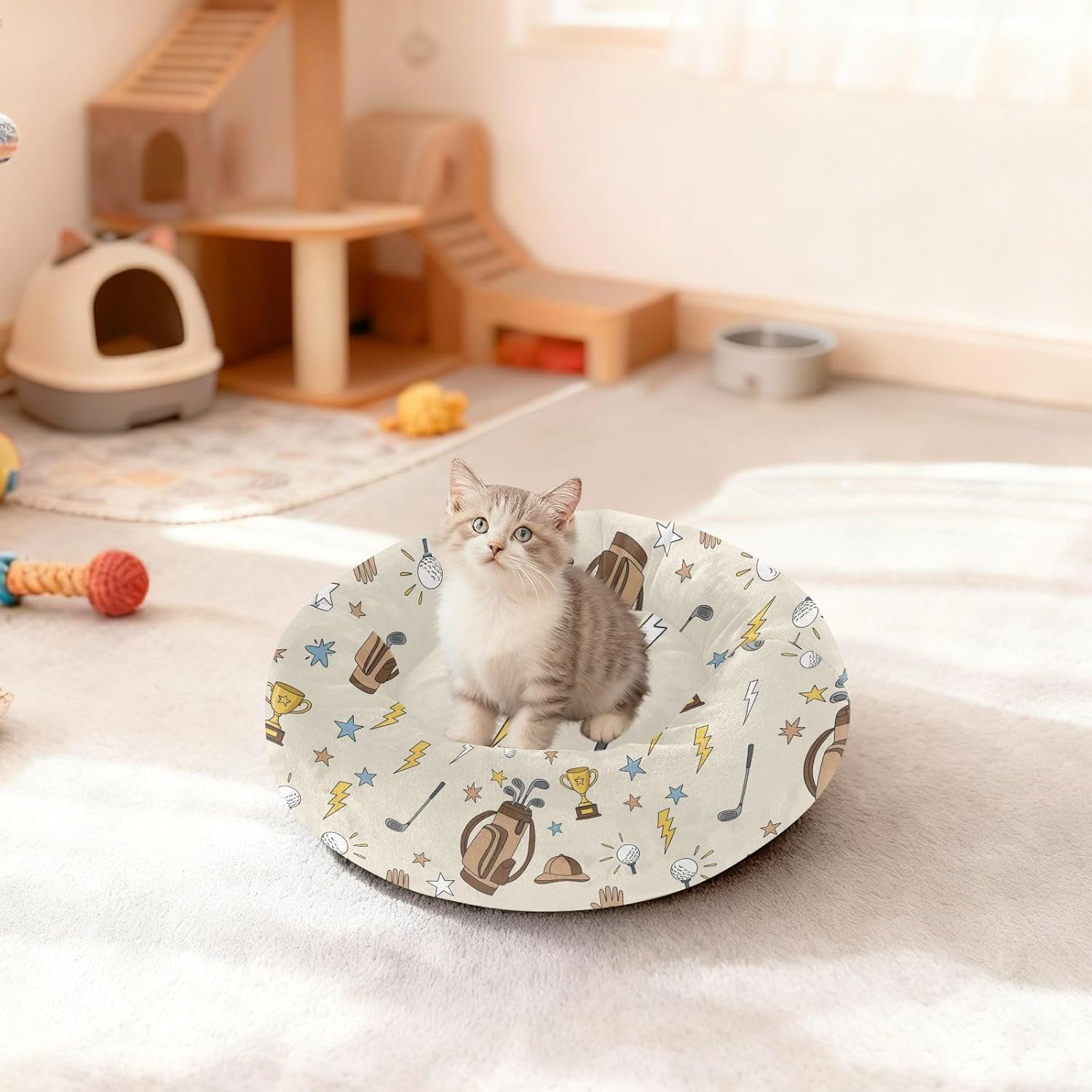 Golf Hat Brown Pattern Dog Bed Donut Small Dog Beds Washable Cat Pet Bed Cozy Puppy Beds for Pets Supplies with Washable Cover,M